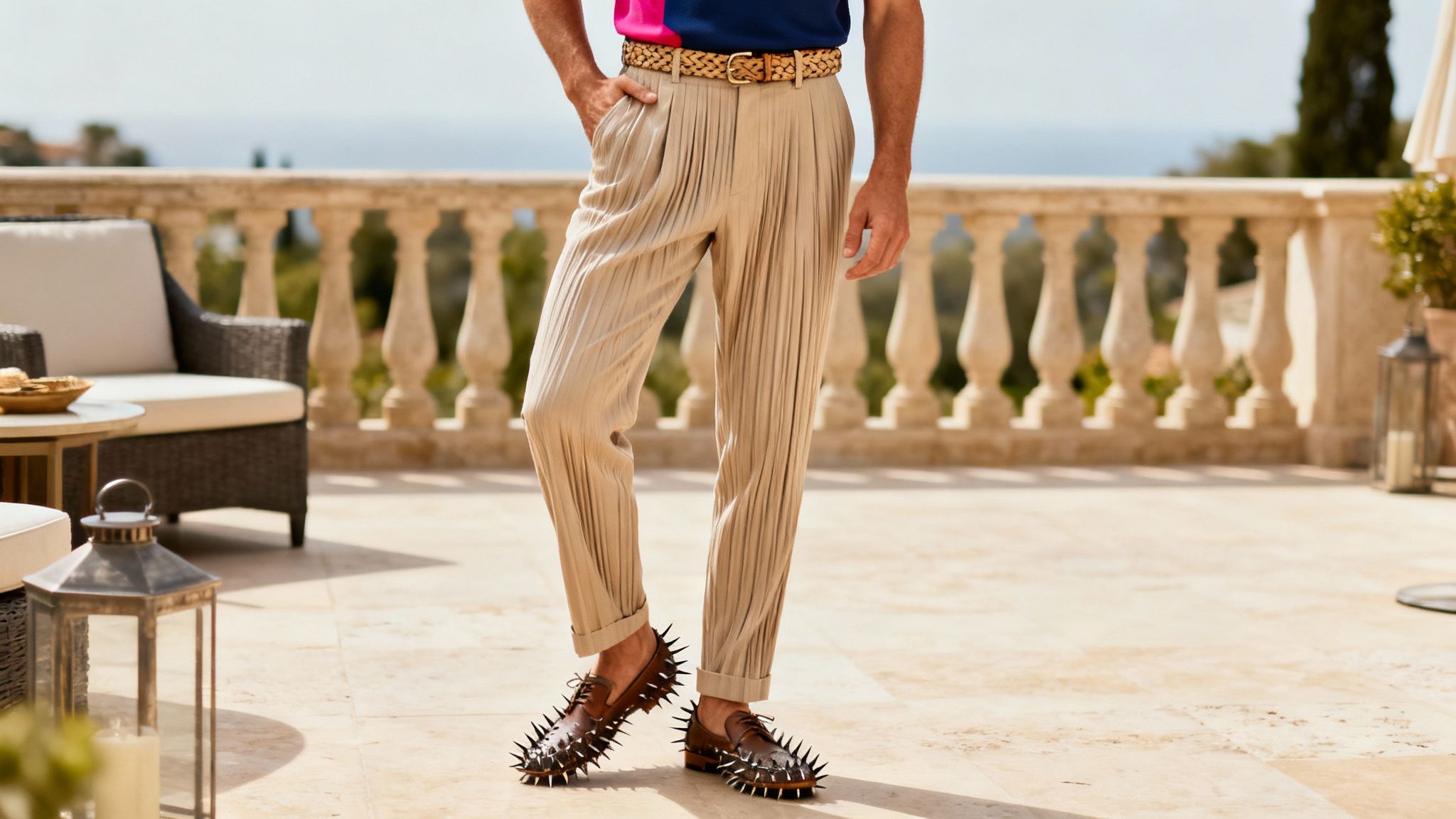A man wears pleated beige pants, a woven belt, and unique spiked loafers on a sunny patio.