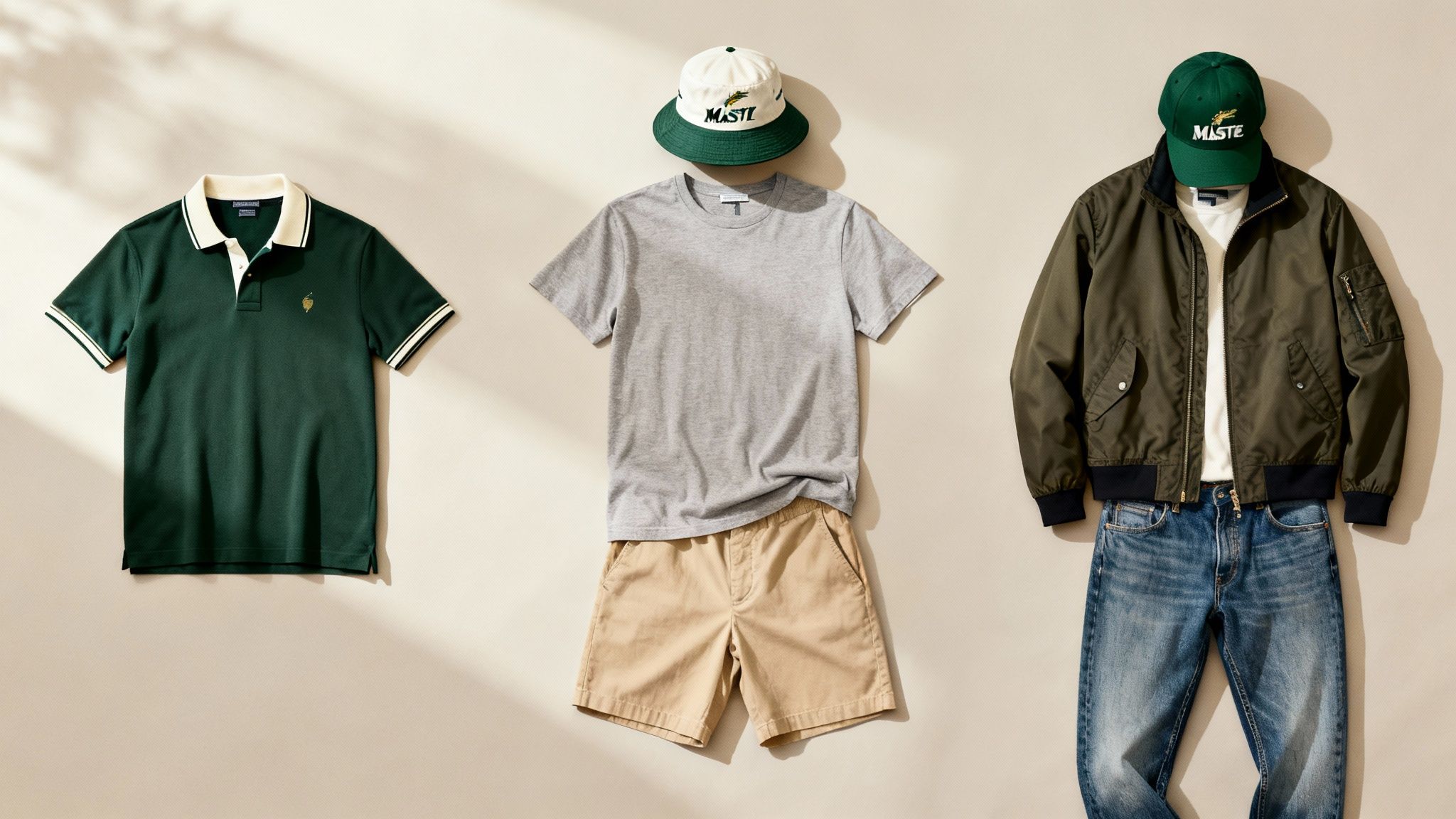 Three men's casual outfits flat lay, including polo shirt, t-shirt, shorts, bomber jacket, jeans, and hats.
