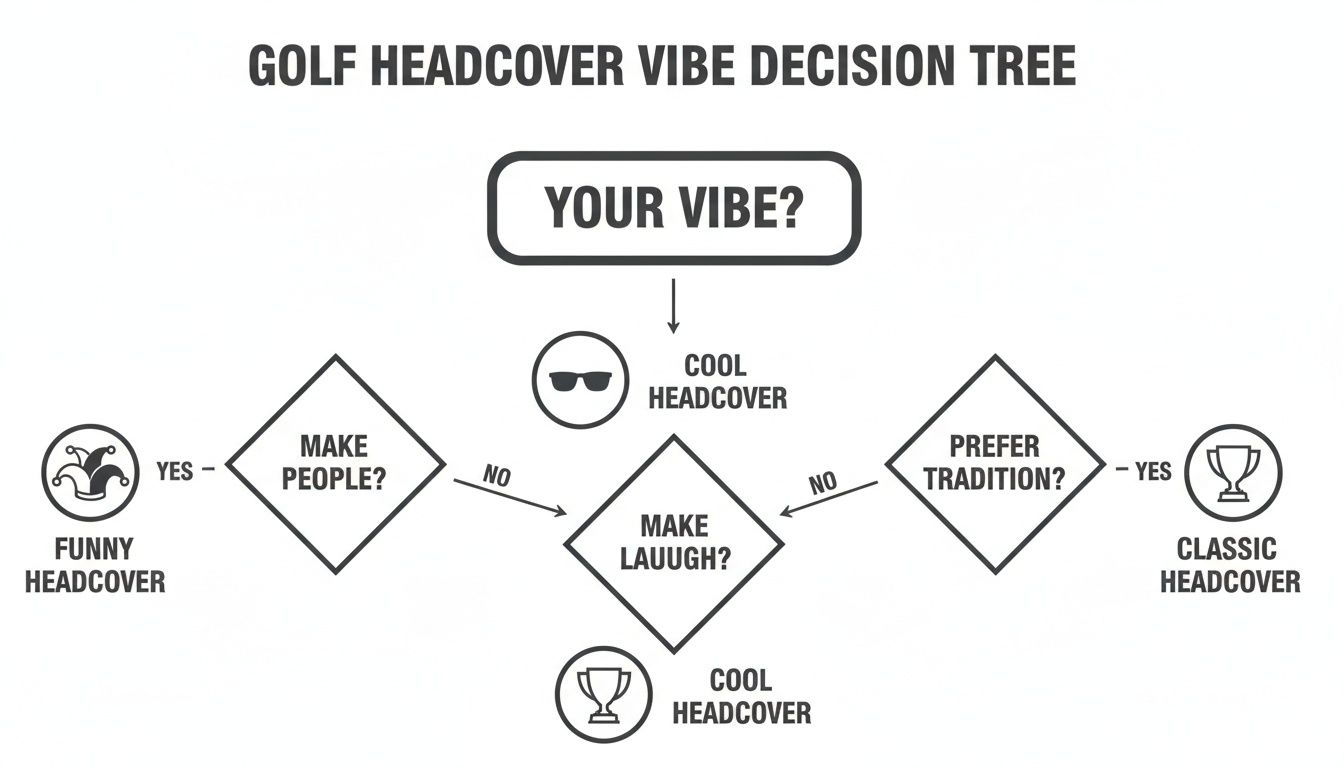 A golf headcover vibe decision tree flowchart showing options like funny, cool, and classic.