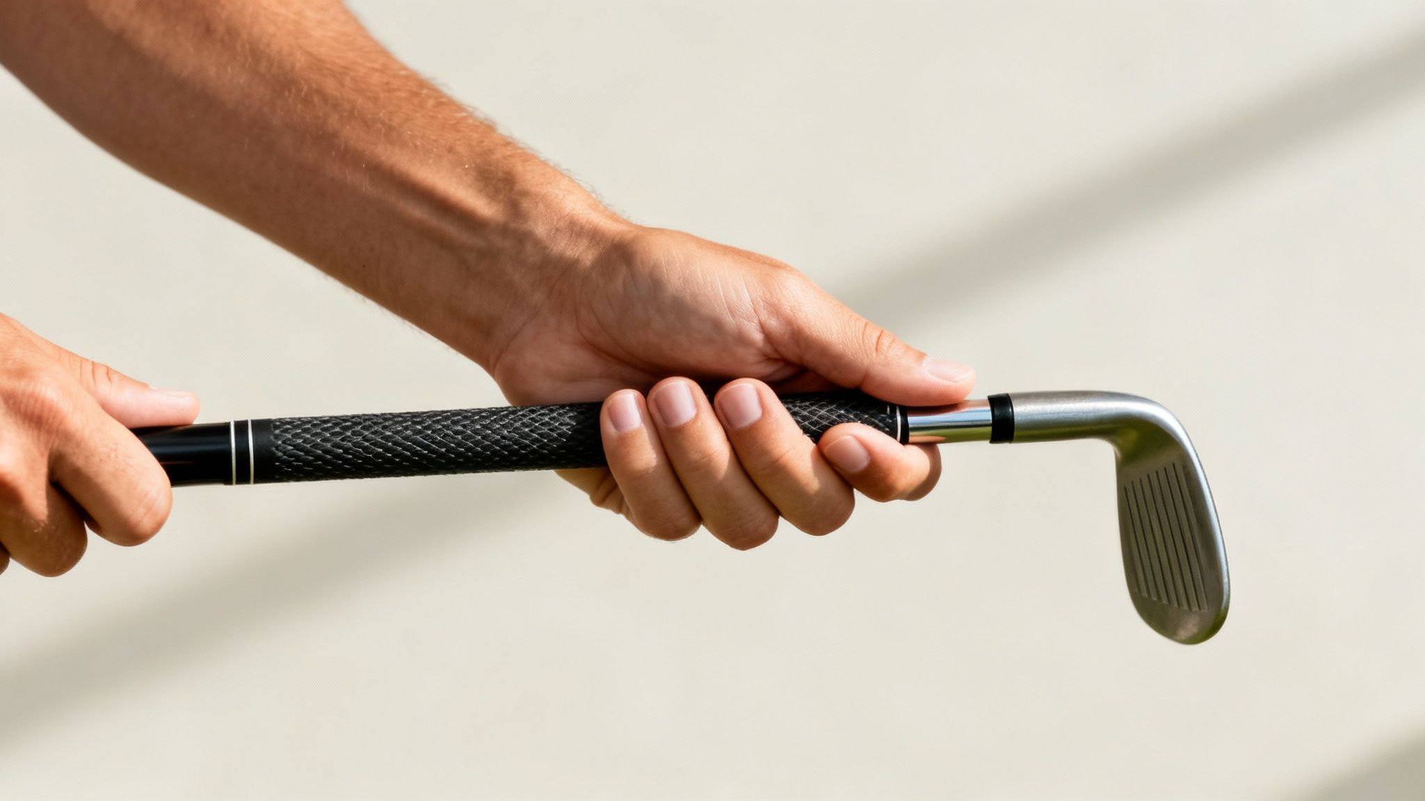 Close-up of a golfer's hands gripping a black golf club with a silver clubhead.