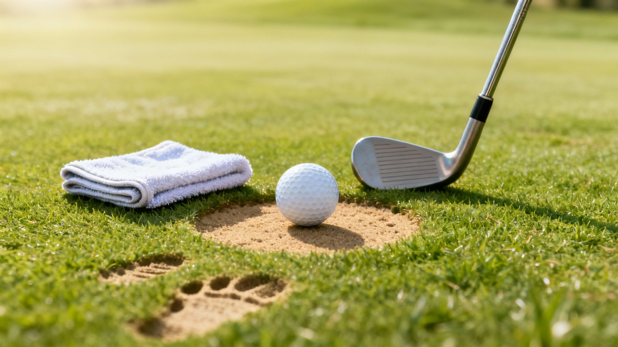 A golf ball in a sand bunker with a golf club, white towel, and paw prints on a green course.
