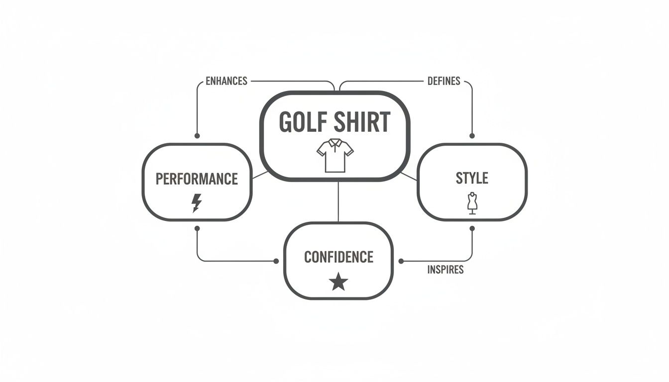 A diagram illustrates how a golf shirt enhances performance, defines style, and inspires confidence.