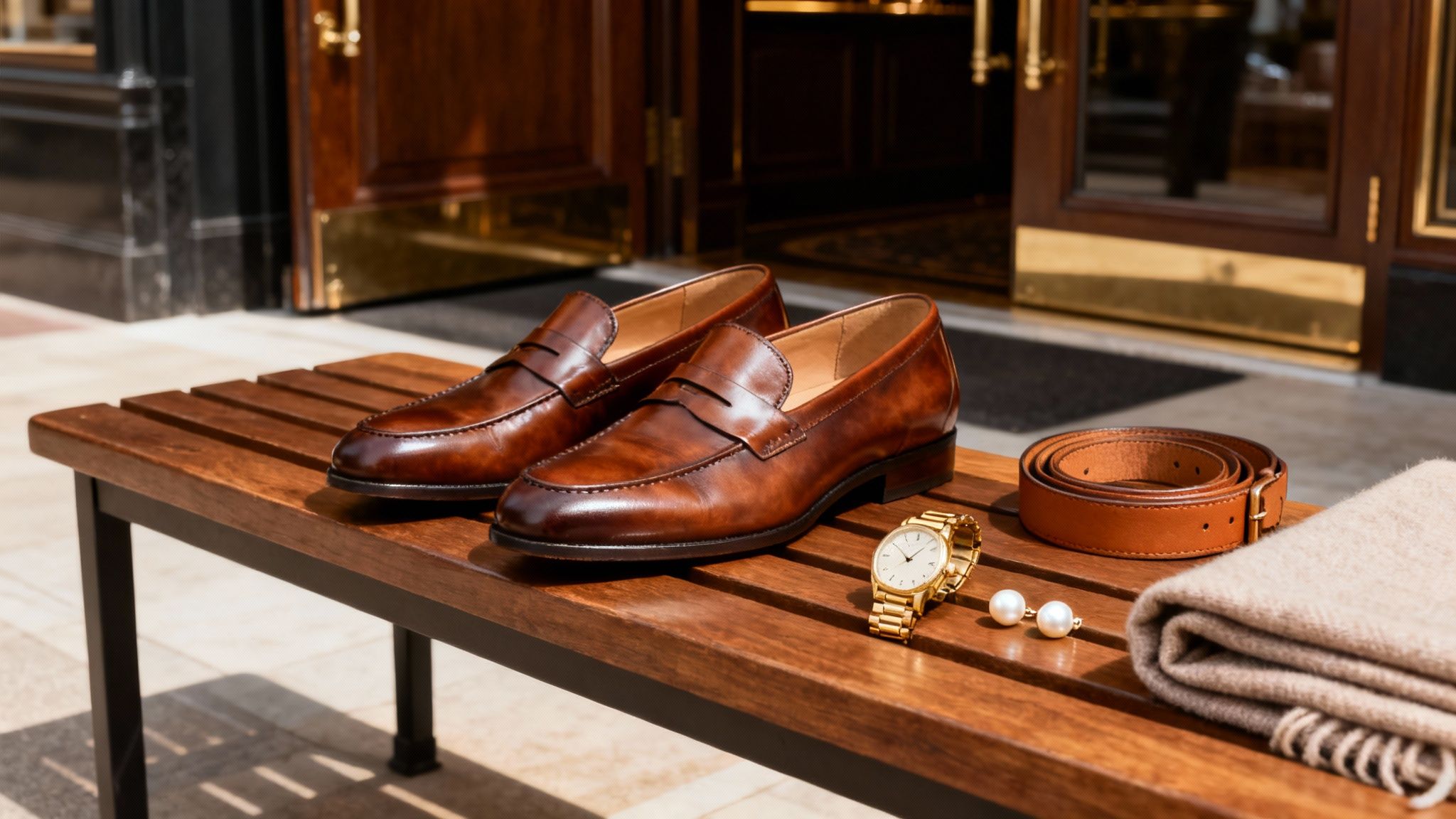 A pair of brown leather loafers, gold watch, pearl earrings, and a leather belt displayed on a wooden bench.