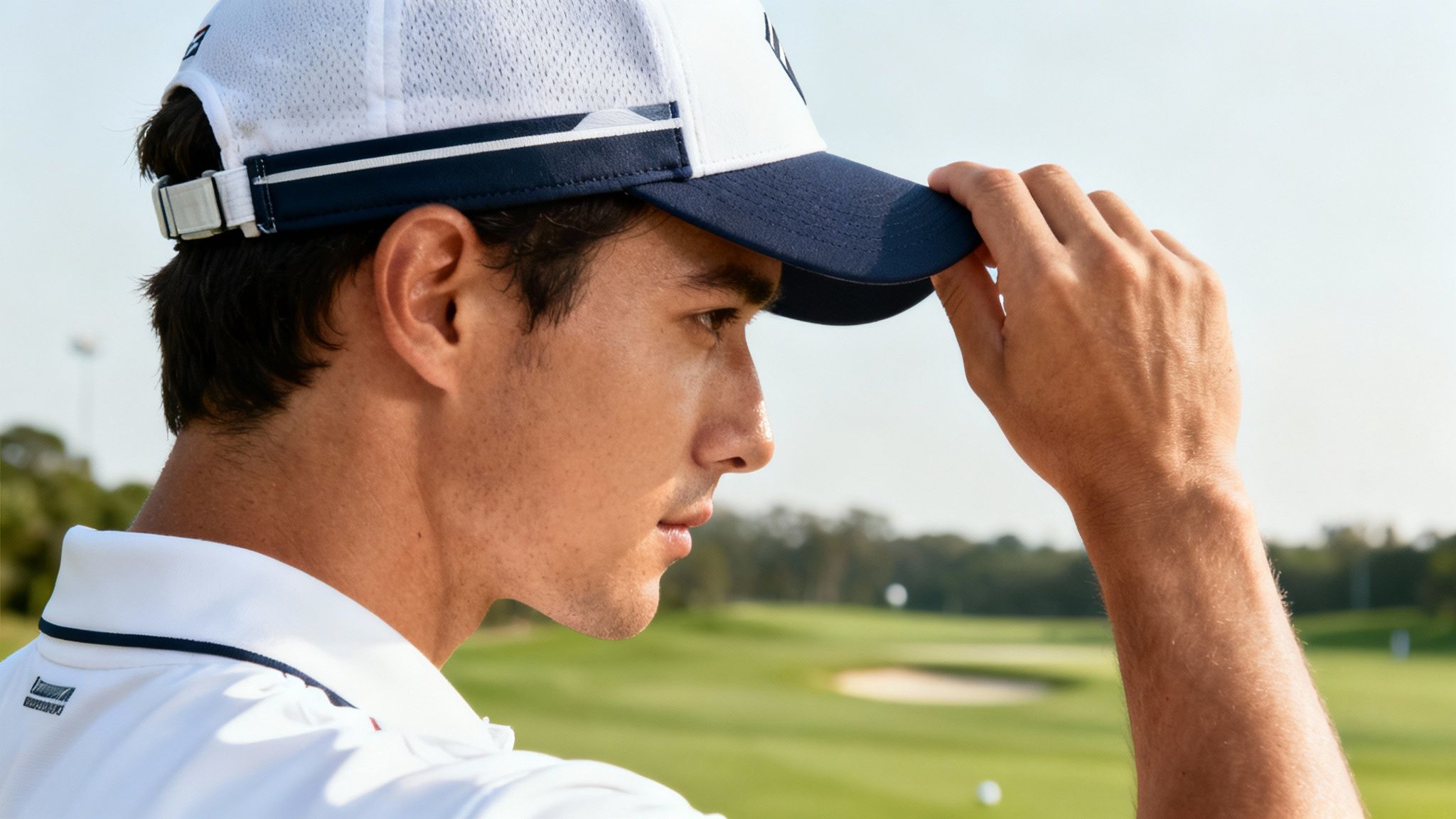 A male golfer in a white polo shirt and navy cap adjusting his hat, looking across a green golf course.