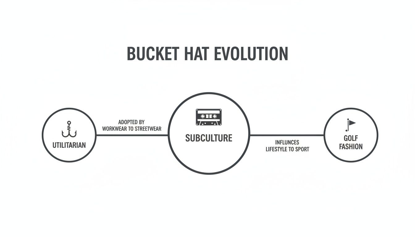 A diagram illustrating the evolution of the bucket hat, from utilitarian origins to subculture adoption and finally golf fashion.
