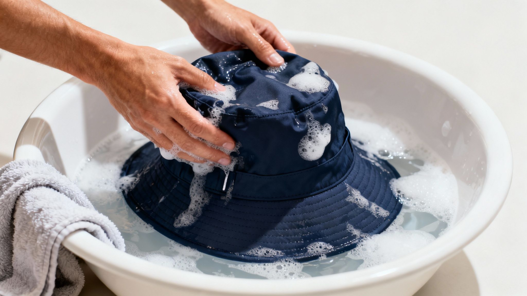 Hands washing a navy blue bucket hat in a white basin with sudsy water, with a grey towel nearby.