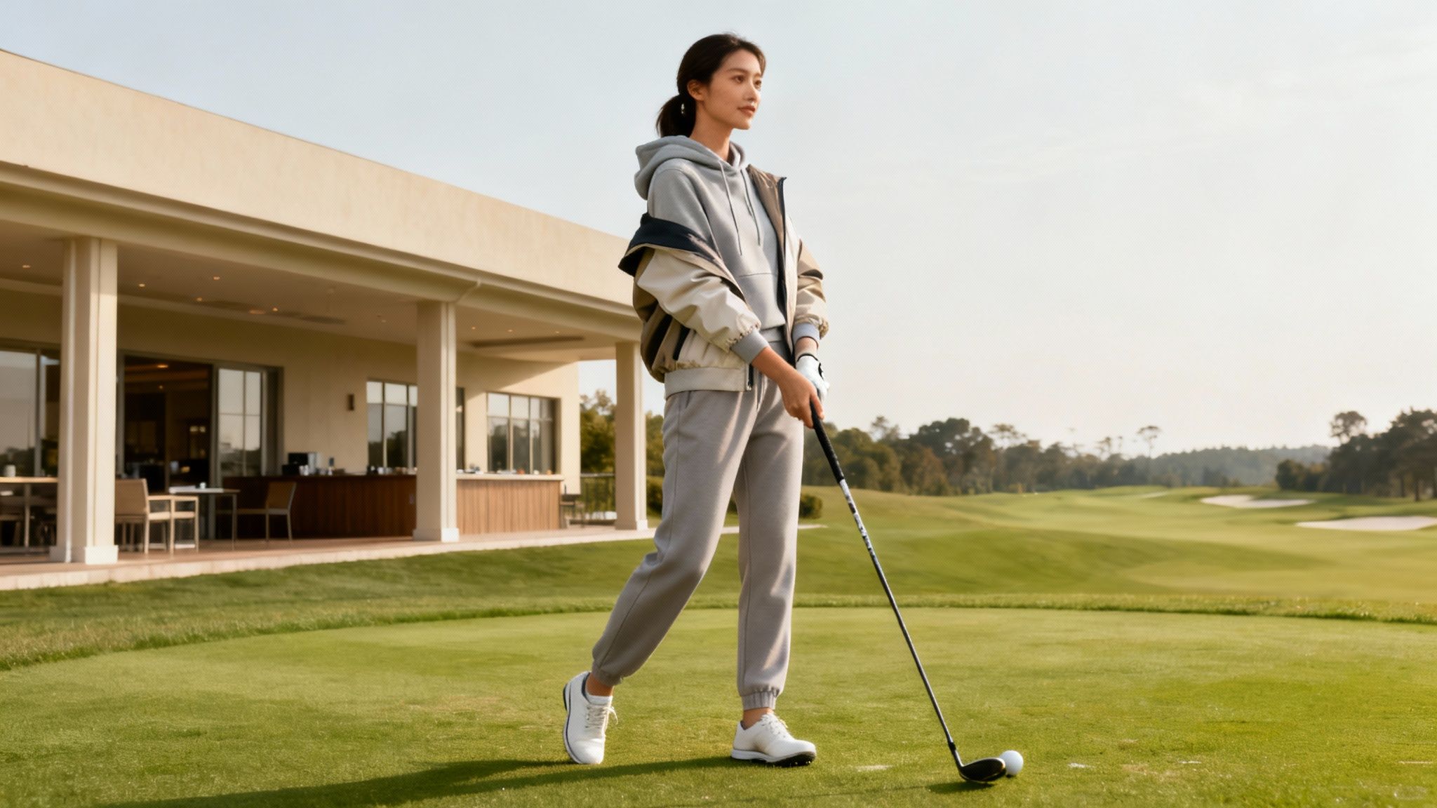 A woman wearing stylish, comfortable golf apparel walks across the green with her clubs.