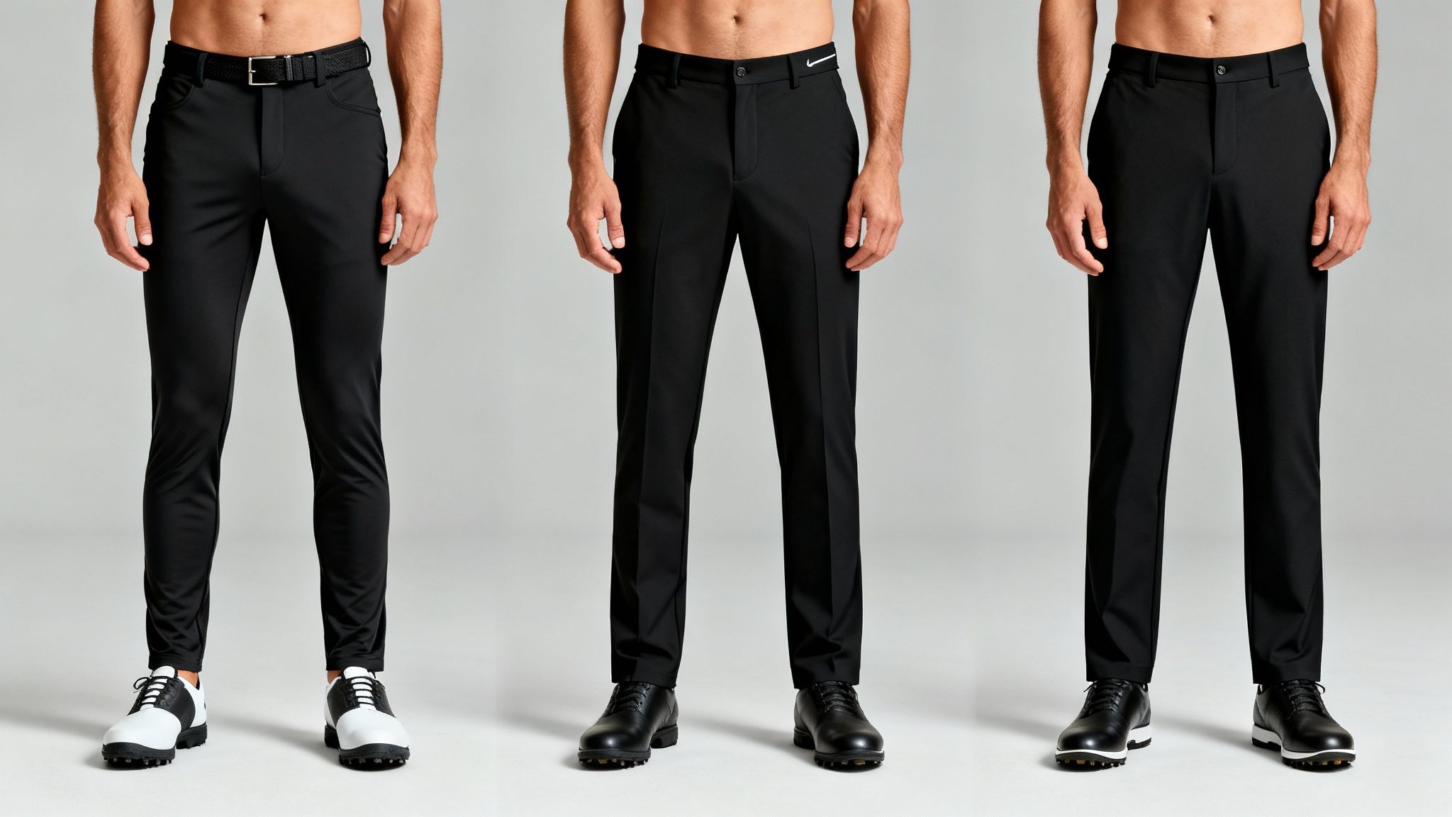 Three men showcasing different styles of black golf pants, belts, and golf shoes.
