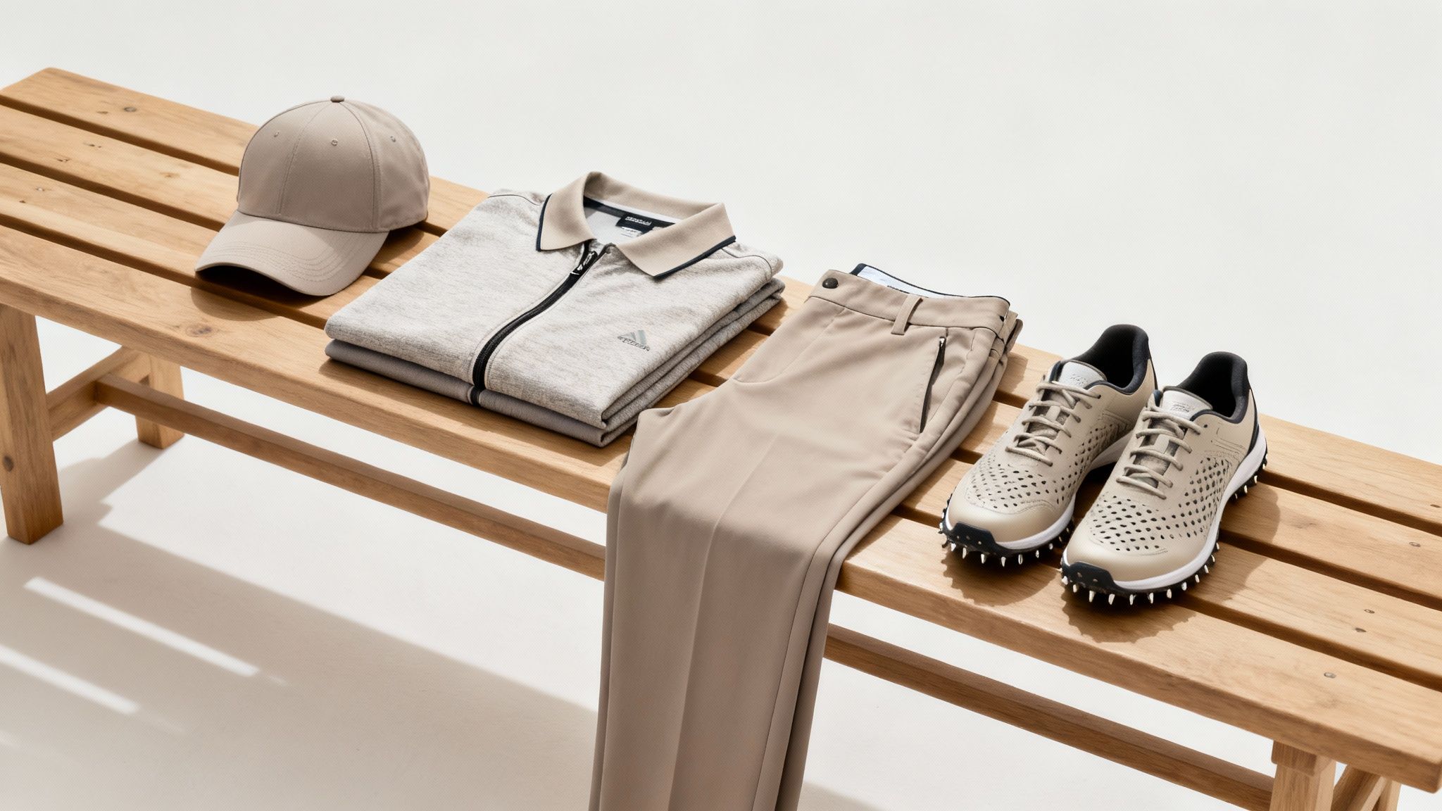 Golfer selecting a club from a golf bag, with a well-coordinated outfit