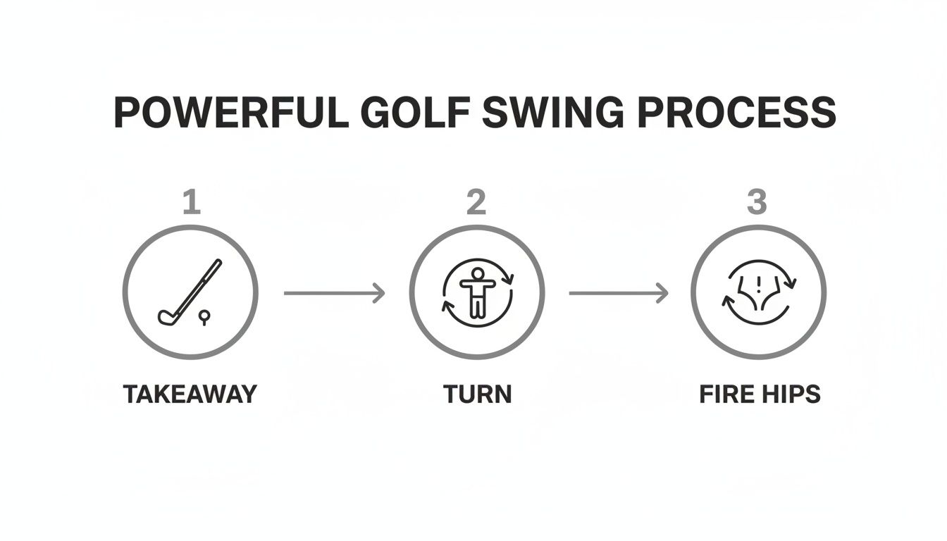 Diagram illustrating a powerful golf swing process with three steps: takeaway, turn, and fire hips.