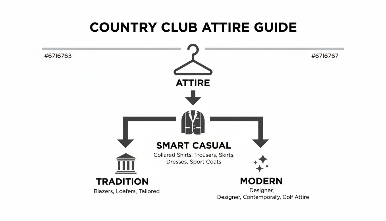Infographic detailing country club attire, including smart casual, traditional, and modern dress options.