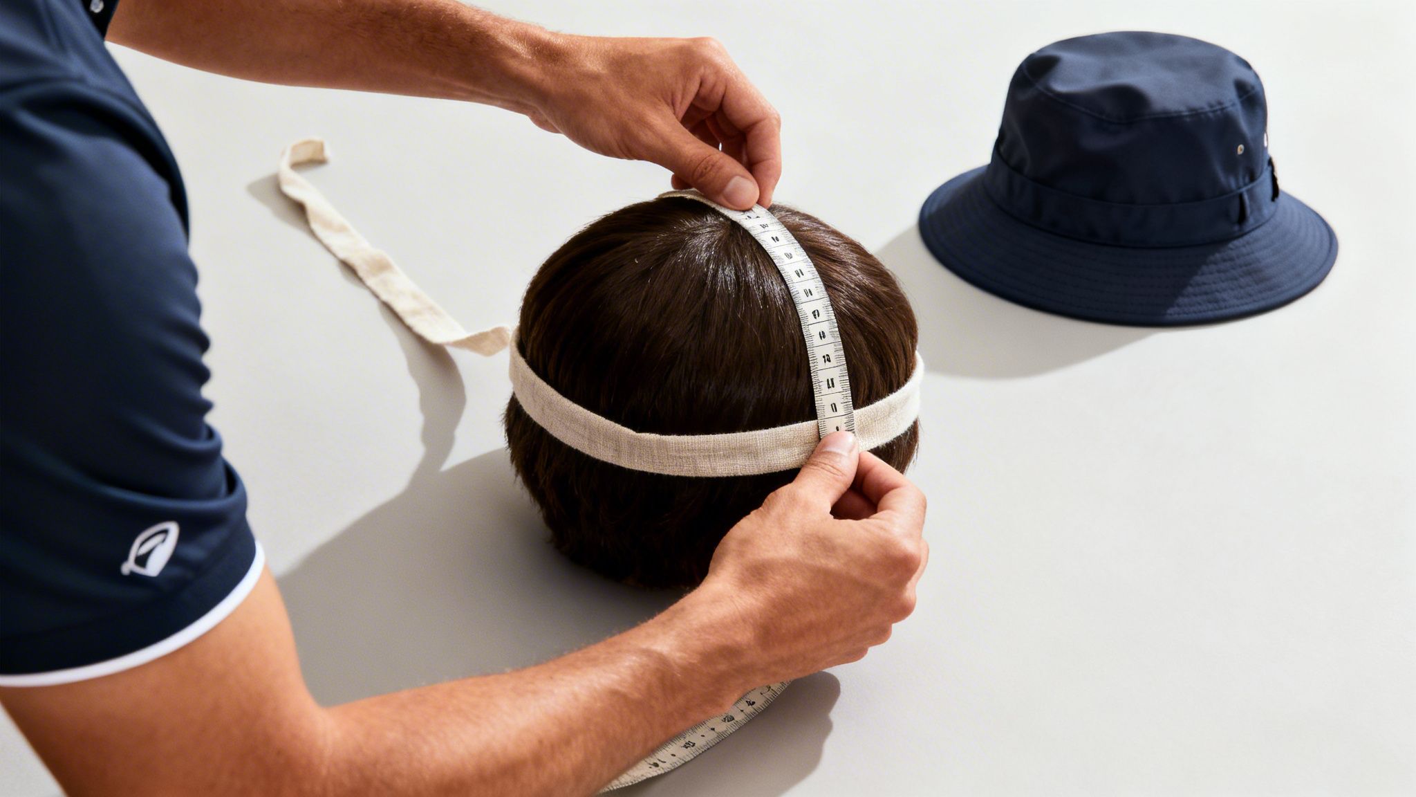 A person measures the circumference of a wig head with a tape measure next to a blue bucket hat.