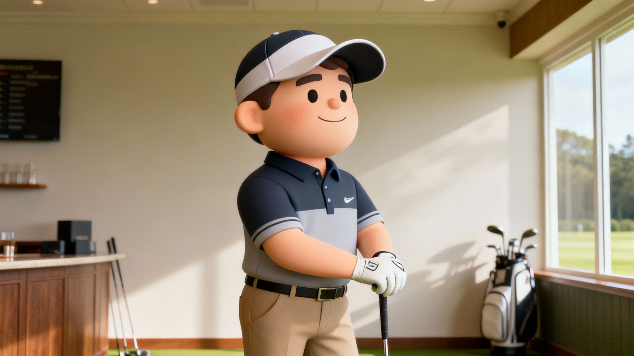 A friendly 3D animated golfer character stands indoors, holding a club, wearing a Nike polo and visor.