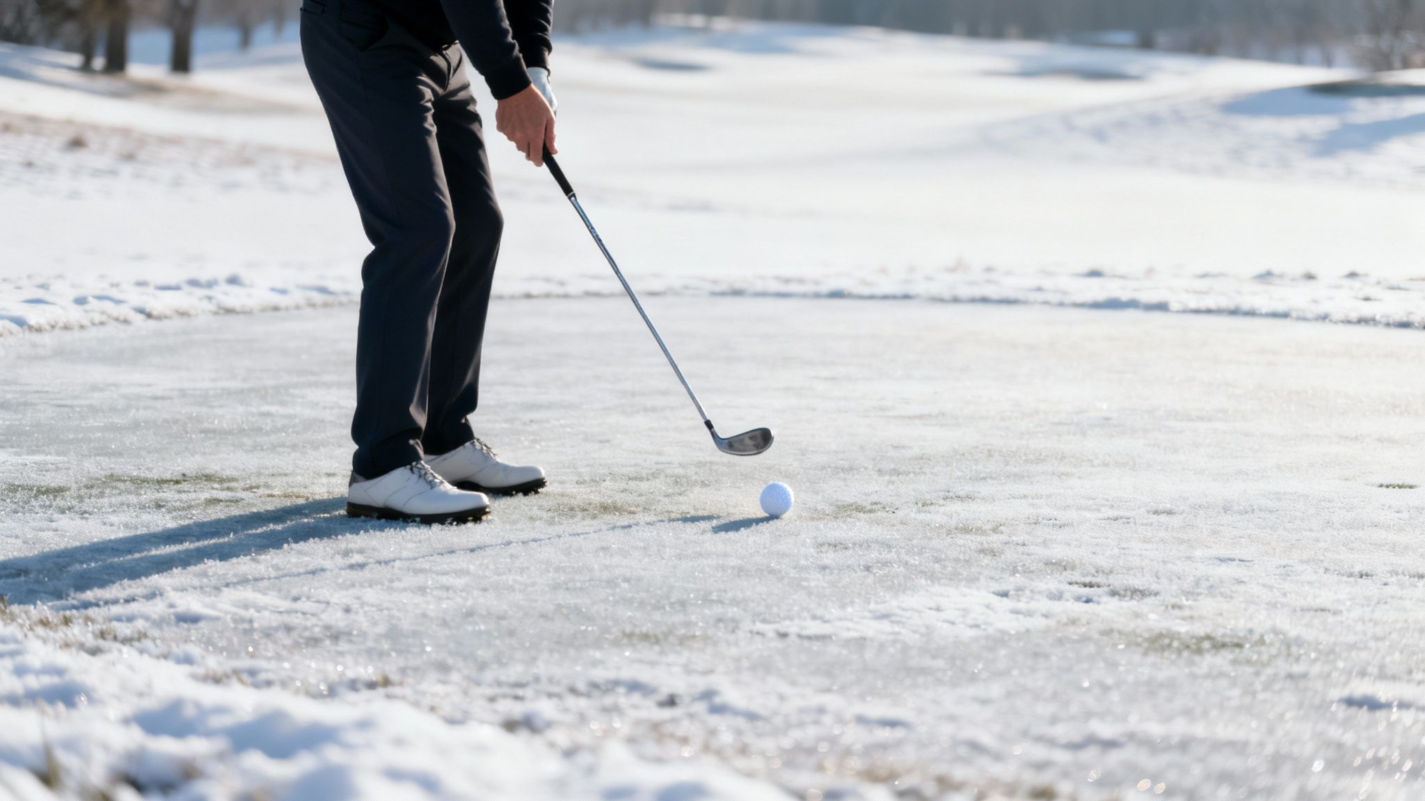 A golfer thoughtfully selects a club from their bag on a frosty morning course.