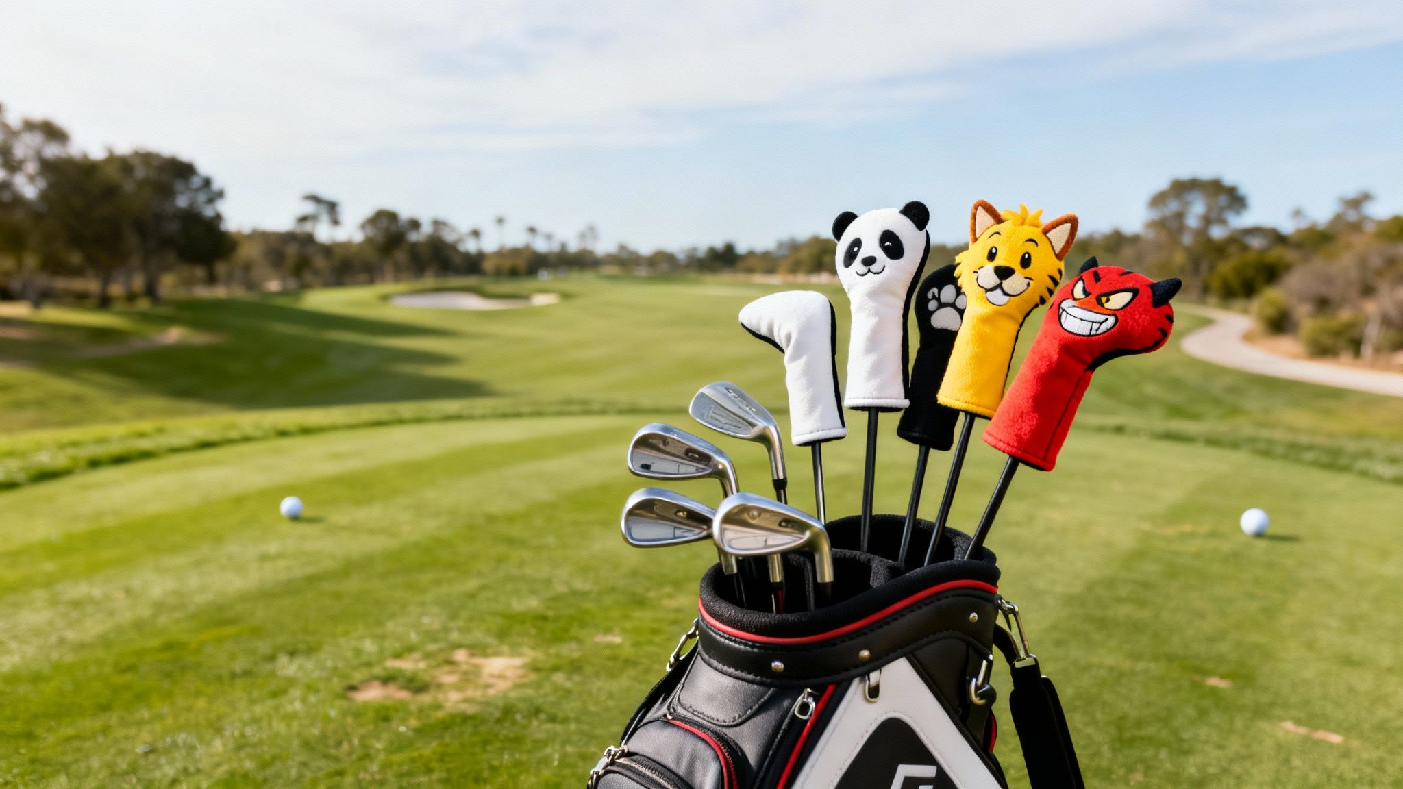A golf bag with a panda, lion, and devil headcovers on clubs on a green golf course.