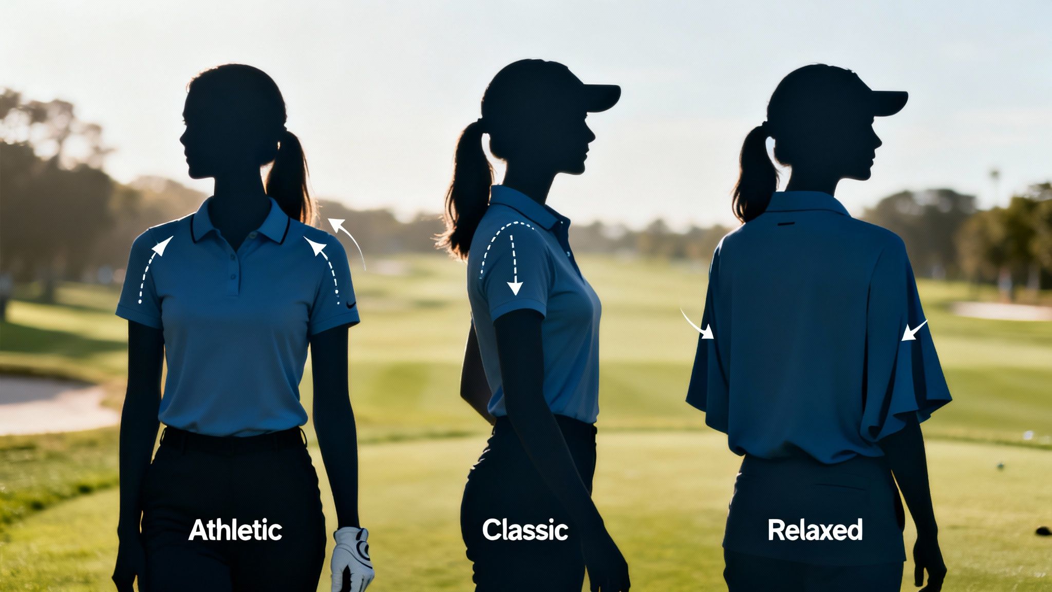 Three women's golf polo fits: athletic (fitted), classic (regular), and relaxed (loose) on a golf course.