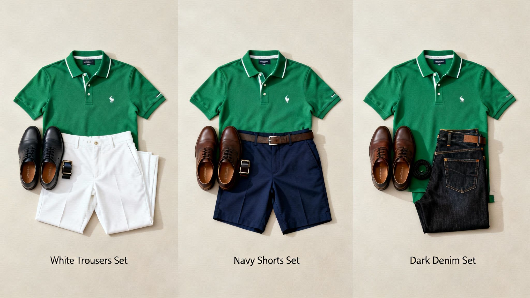 Three men's casual outfits featuring a green polo shirt, white trousers, navy shorts, and dark denim jeans.