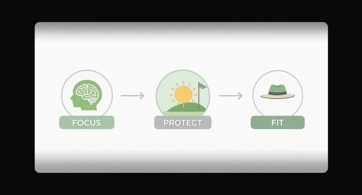 Three-step process diagram showing focus, protect, and fit stages for golf hat selection