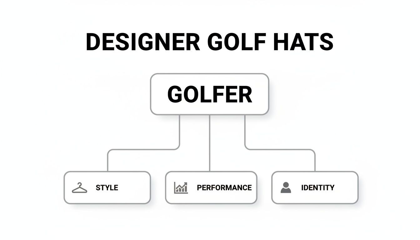 Diagram illustrating how designer golf hats cater to golfer needs: style, performance, and identity.