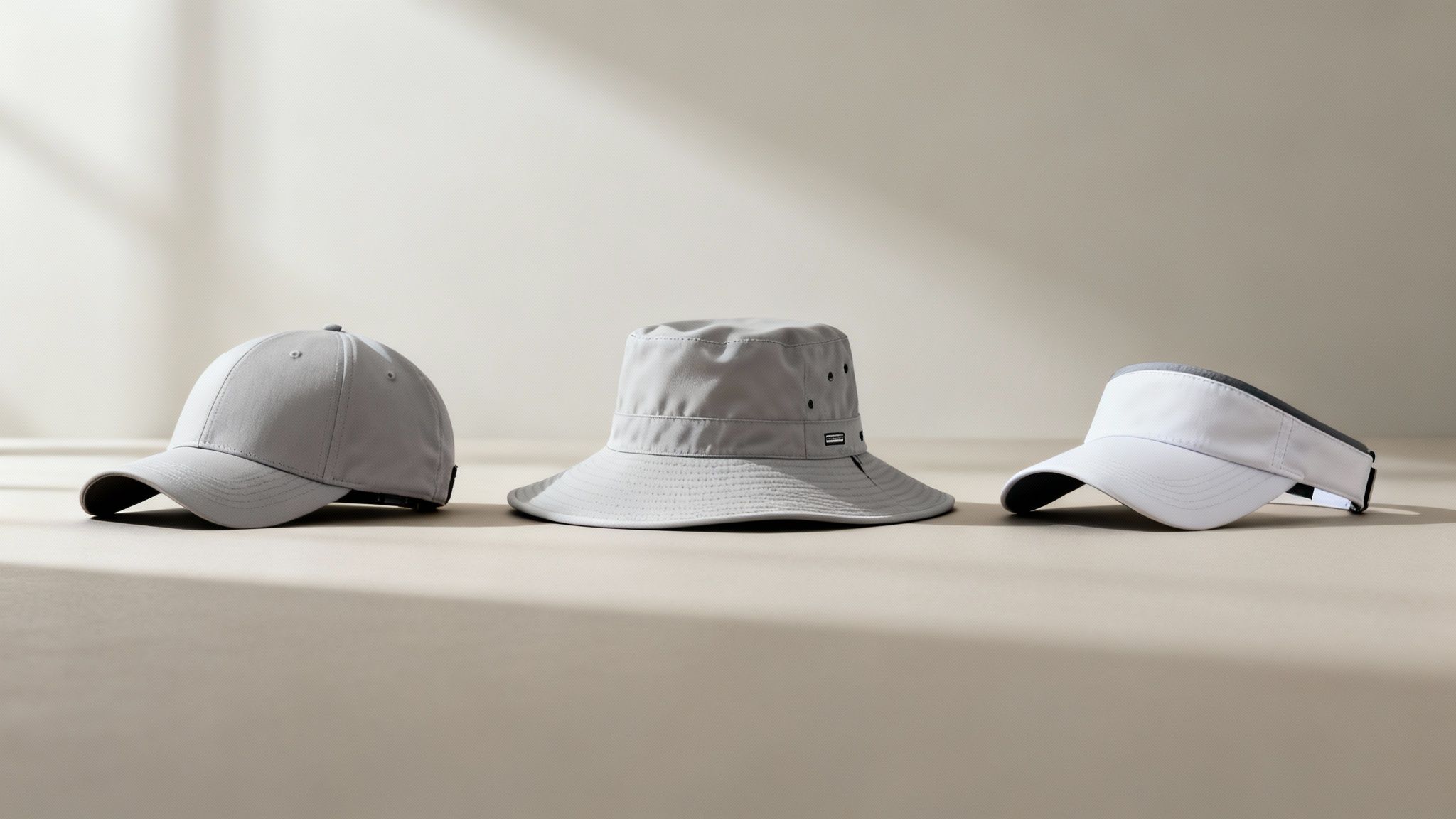 Three performance golf hats: a grey baseball cap, a grey bucket hat, and a white visor.