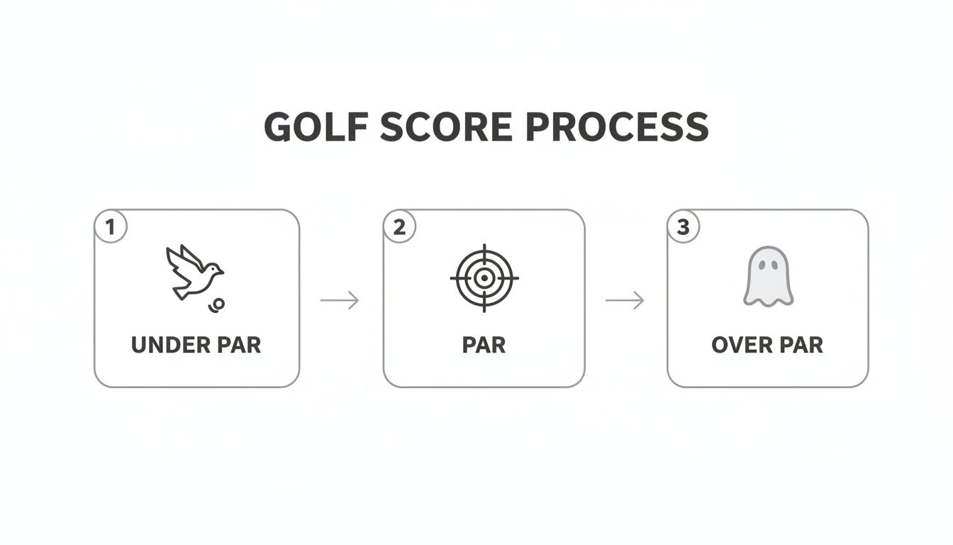 A diagram illustrates the golf score process, showing under par (bird icon), par (target icon), and over par (ghost icon).