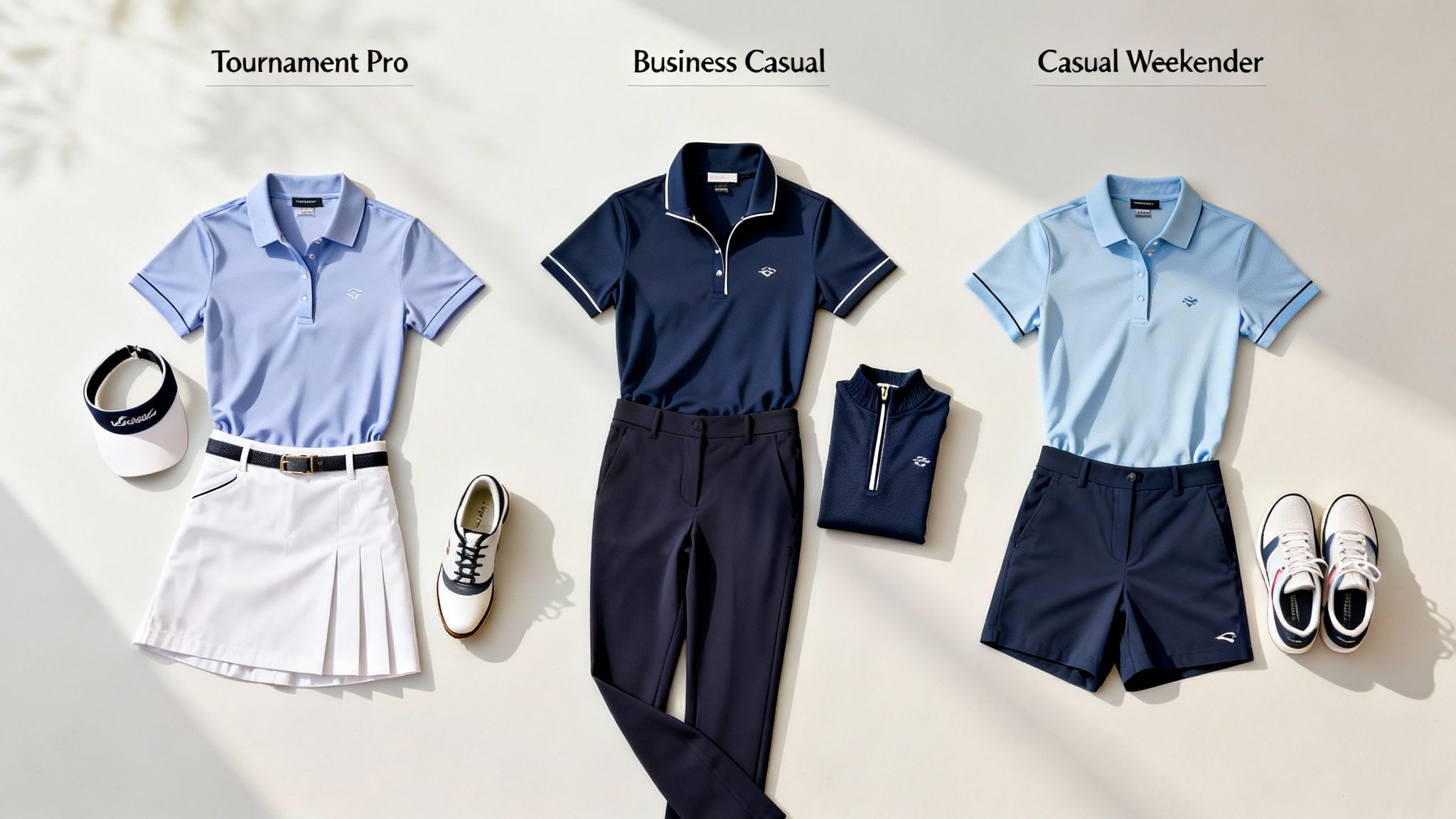 Three distinct women's golf outfits displayed: Tournament Pro, Business Casual, and Casual Weekender styles.