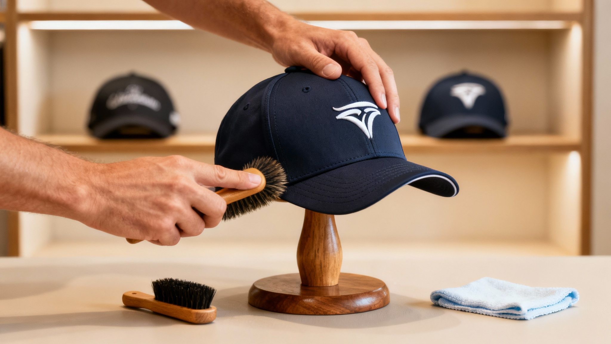 A person's hands gently brush a dark blue baseball cap with a white logo on a wooden stand.