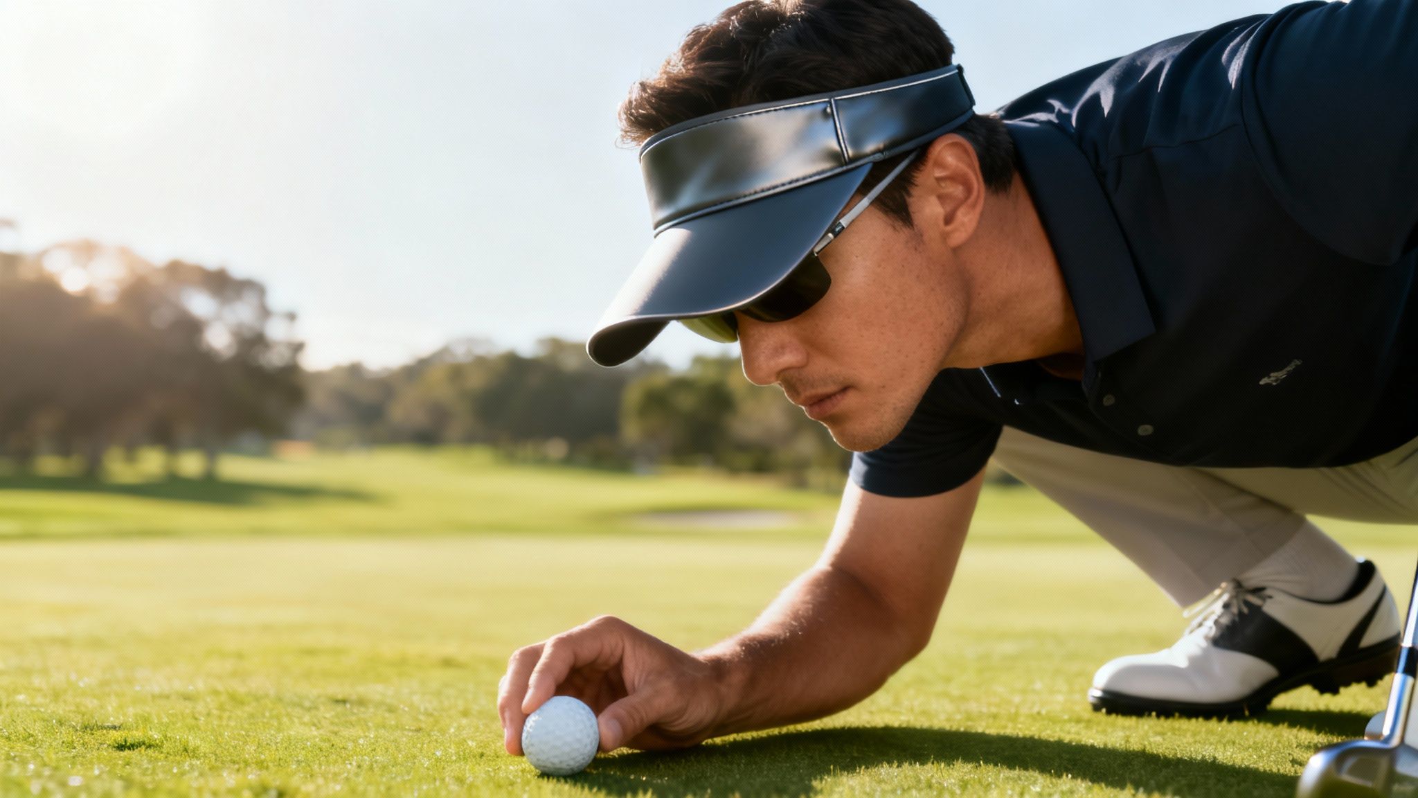 A golfer wearing a white golf visor, focused on their shot on a sunny course.