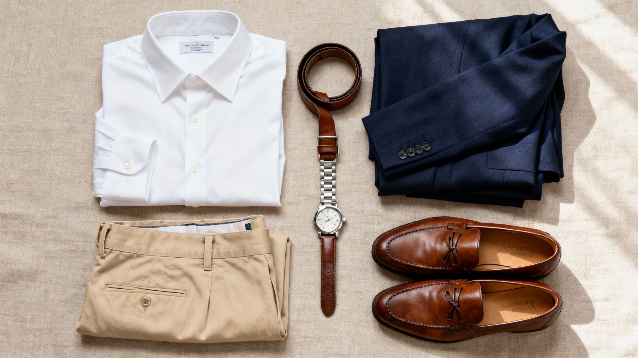 A flat lay of men's smart casual attire: white shirt, chinos, navy blazer, belt, watch, and brown loafers.
