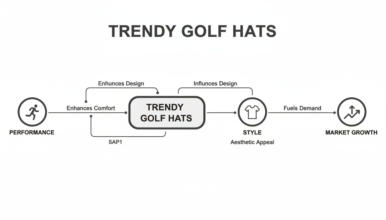 Diagram showing how trendy golf hats enhance performance and style, influencing market growth.