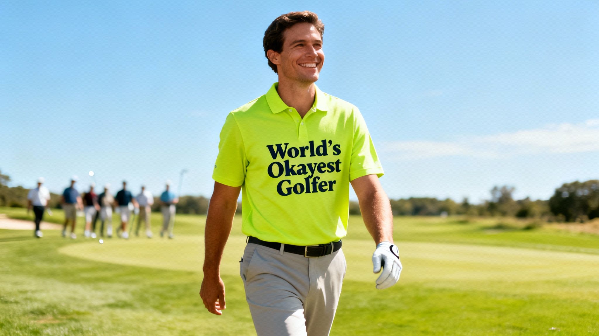 A smiling man in a neon yellow polo shirt saying 'World's Okayest Golfer' walks on a sunny golf course.