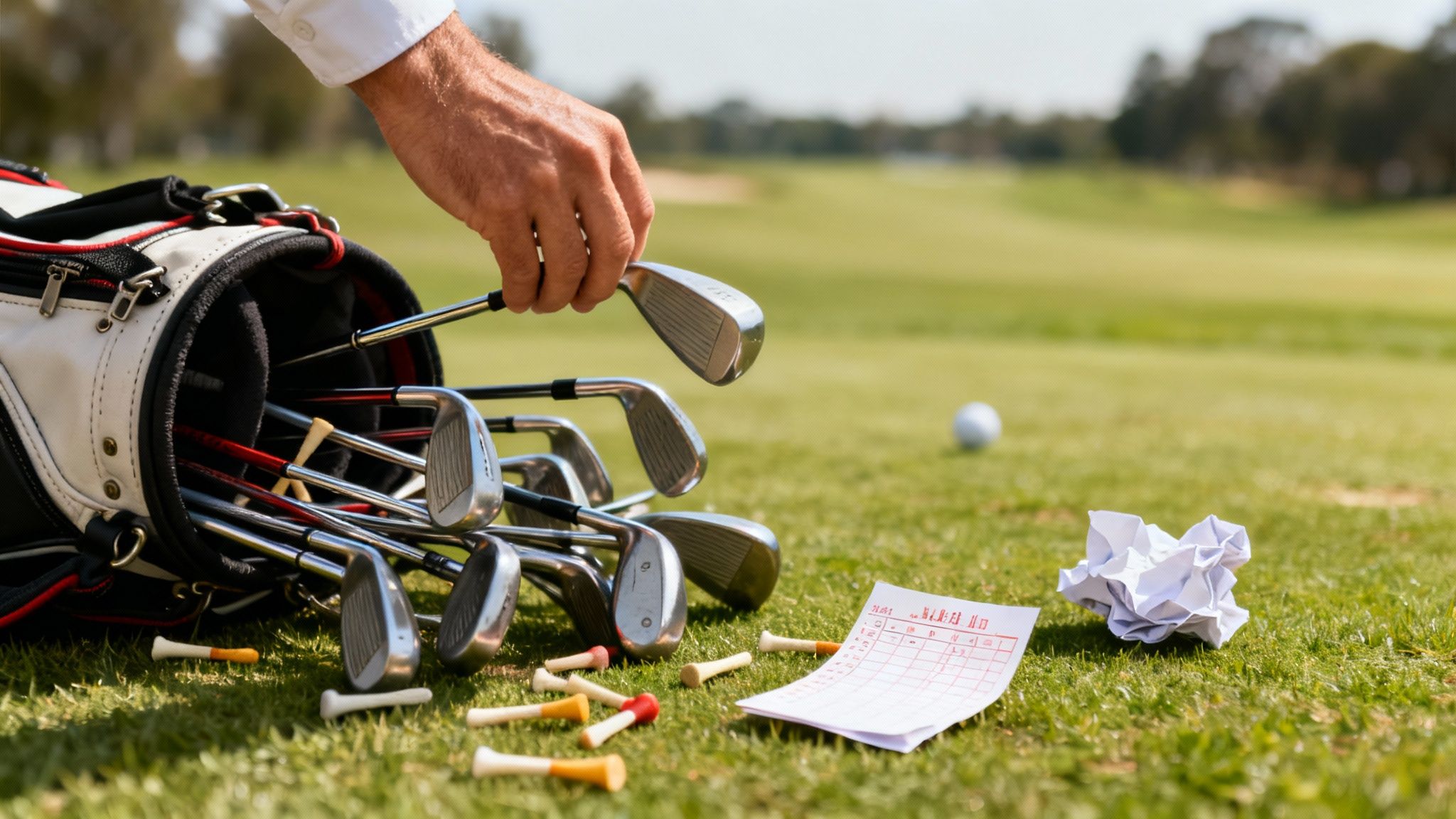 A golfer's hand chooses a golf club from a white bag on a lush green course with tees and scorecard.