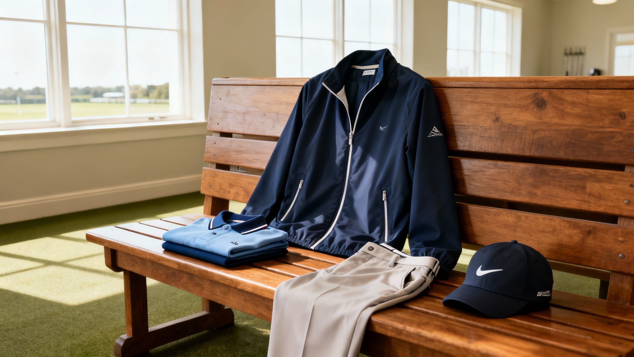 A collection of men's golf apparel, including a navy windbreaker, polo shirts, pants, and a cap, neatly displayed on a wooden bench.