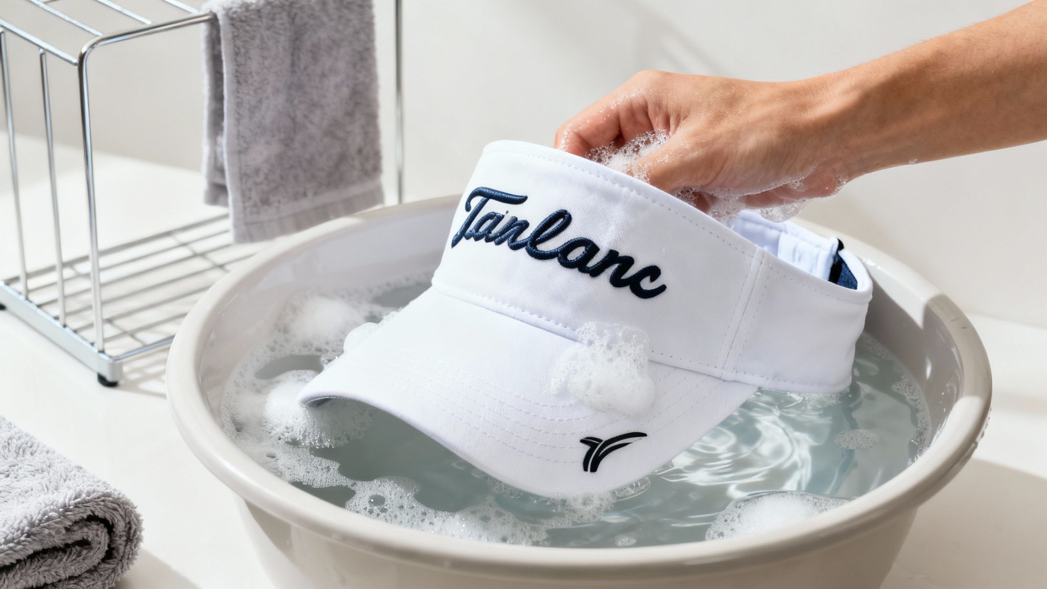 A clean golf visor resting on a wooden table.