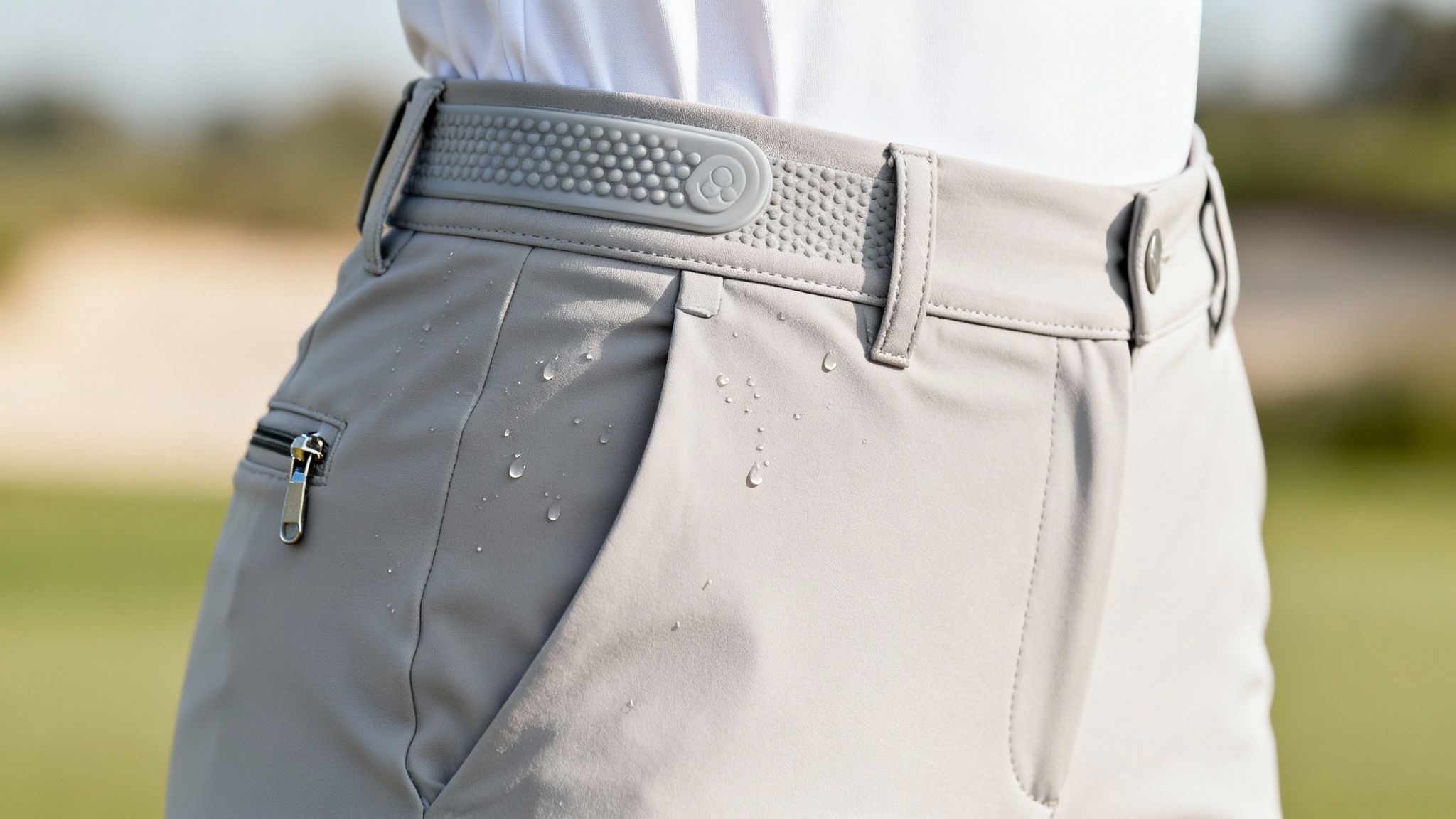 Light grey golf trousers with water droplets, featuring a distinctive textured belt and practical zippered pocket.