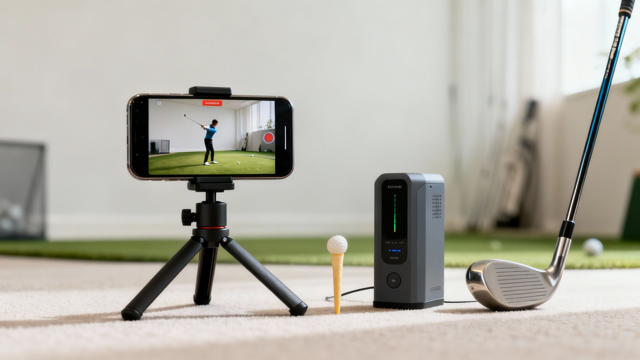 Indoor golf practice setup with a smartphone recording a swing, a launch monitor, and a golf club.