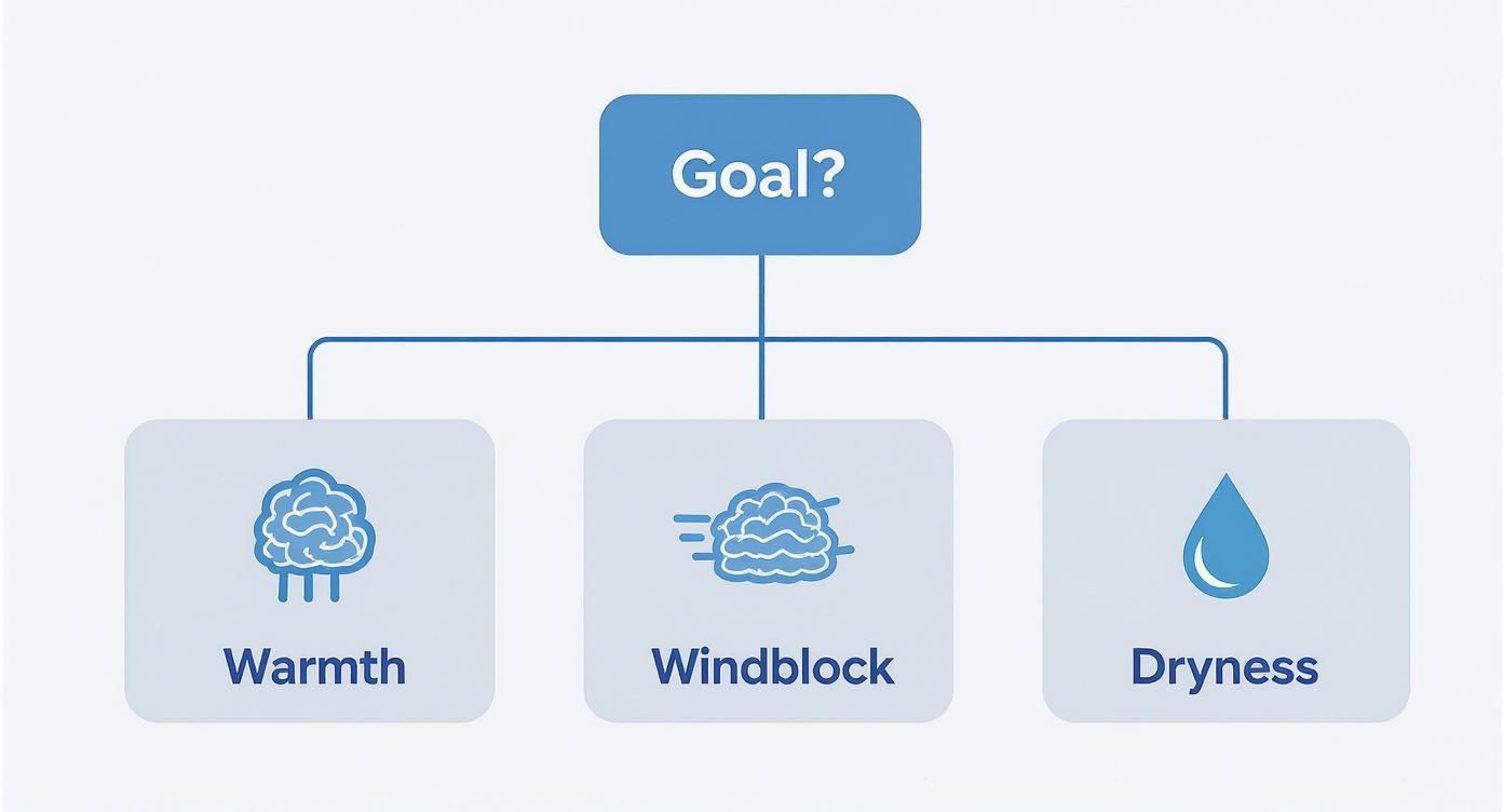 A diagram with 'Goal?' at the top, branching to 'Warmth', 'Windblock', and 'Dryness'.
