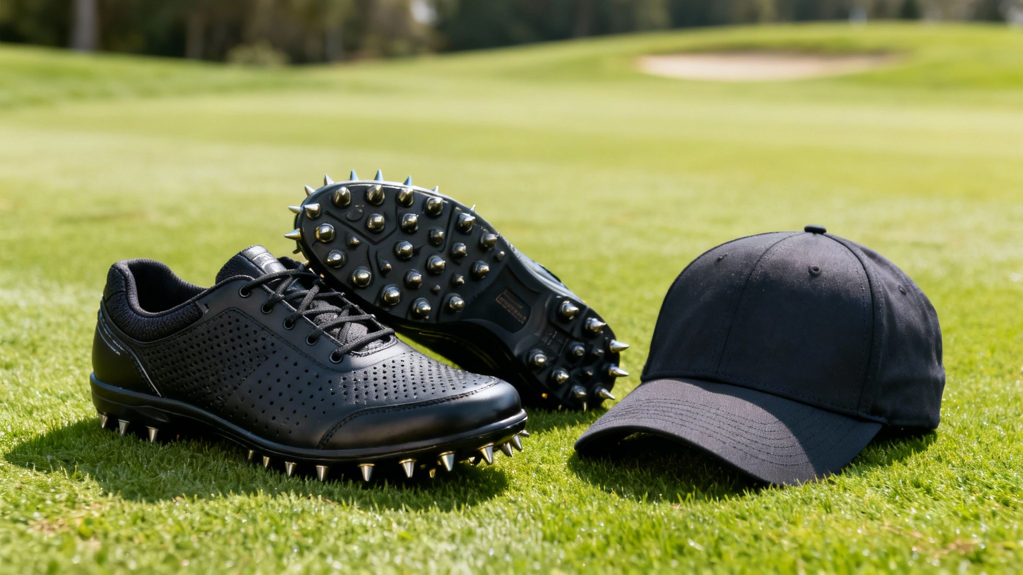 Black golf shoes with spikes and a matching cap resting on lush green grass of a golf course.