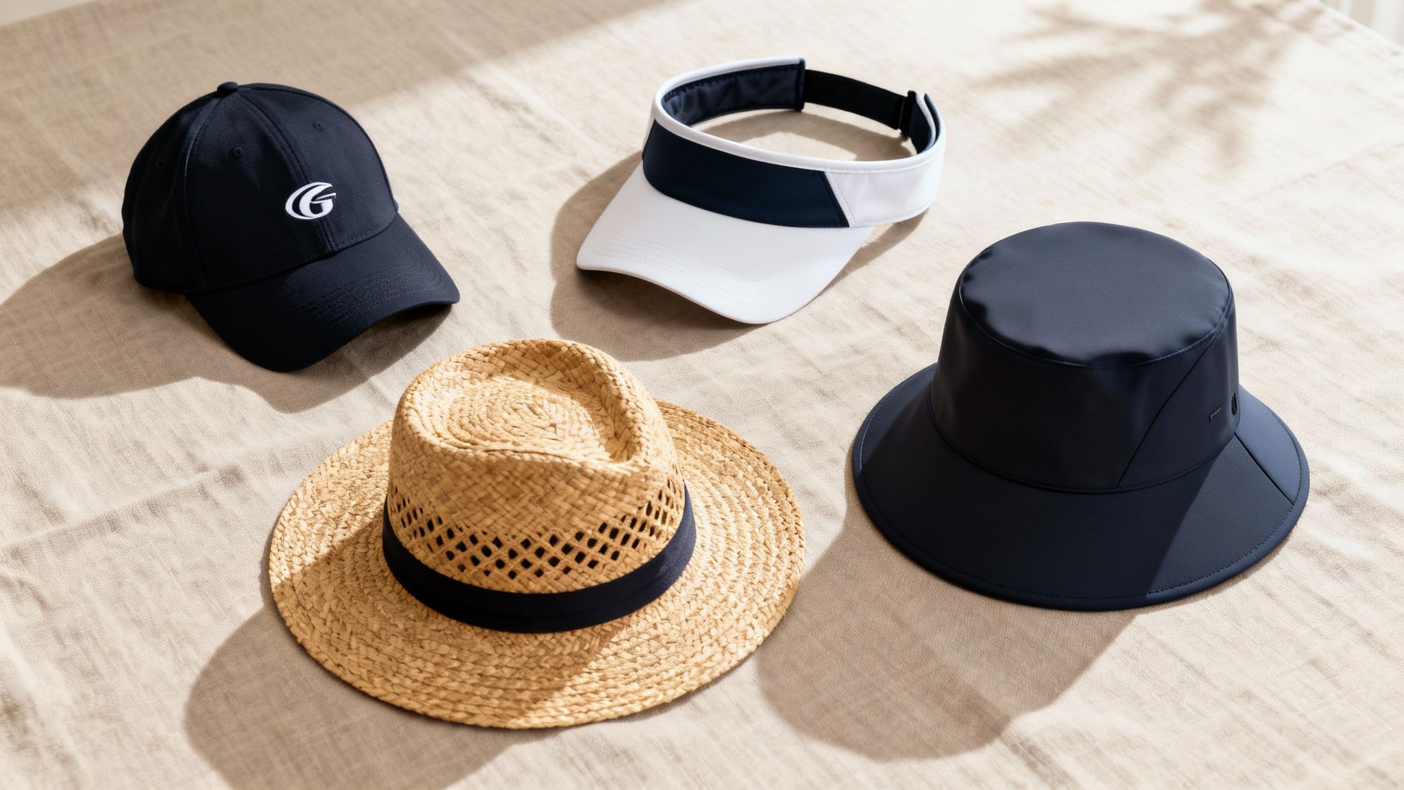 Four stylish hats: a navy baseball cap, white visor, straw hat, and navy bucket hat on beige fabric.