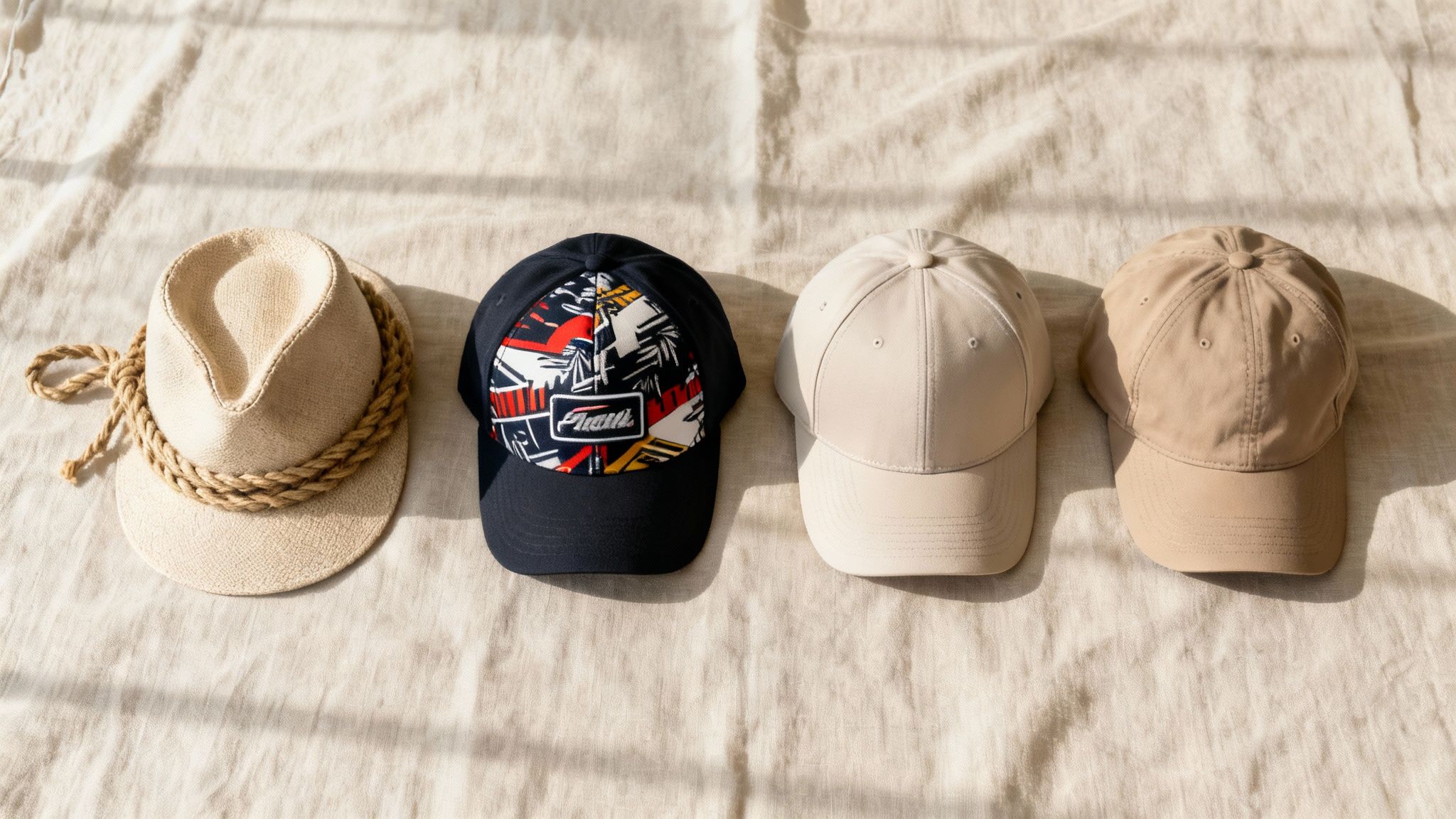 Four hats displayed on a light linen fabric: a straw hat, a patterned cap, and two plain caps.