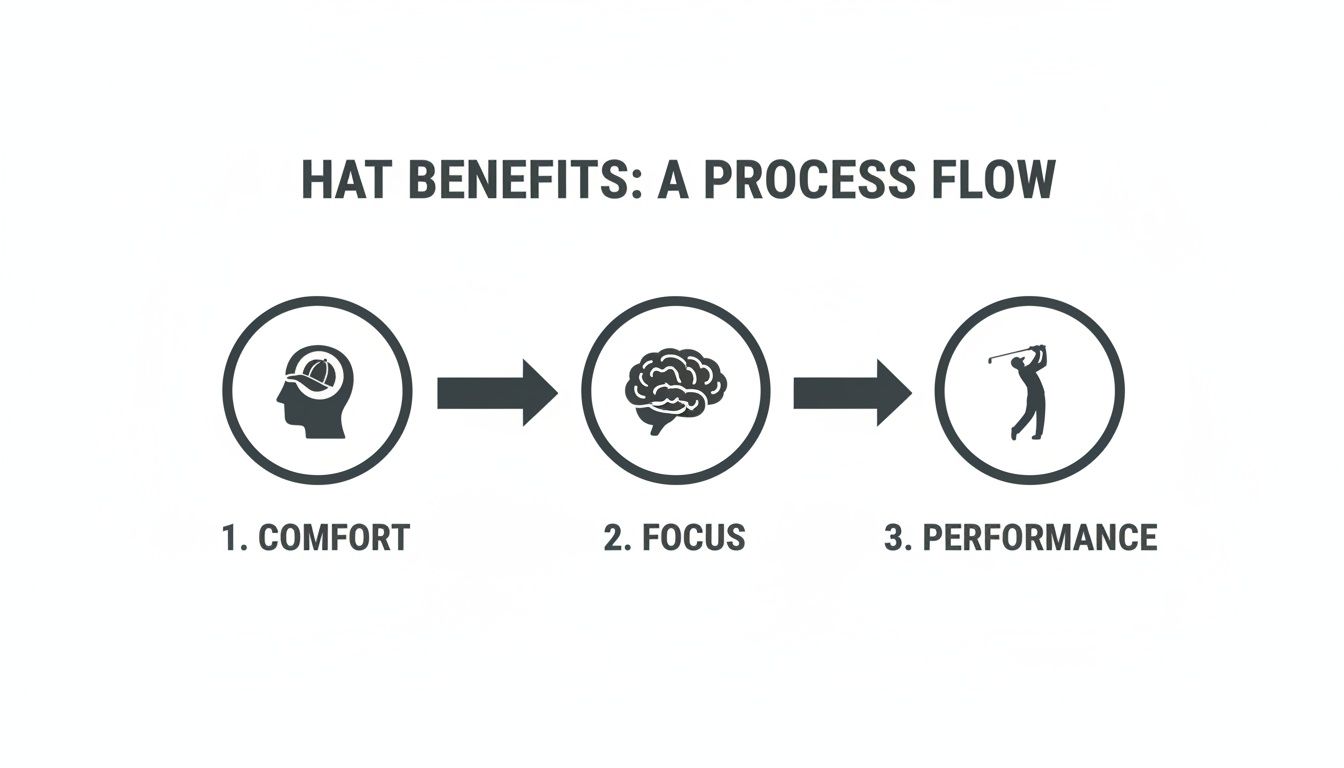 Process flow illustrating hat benefits: comfort, focus, and improved golf performance with icons for each stage.