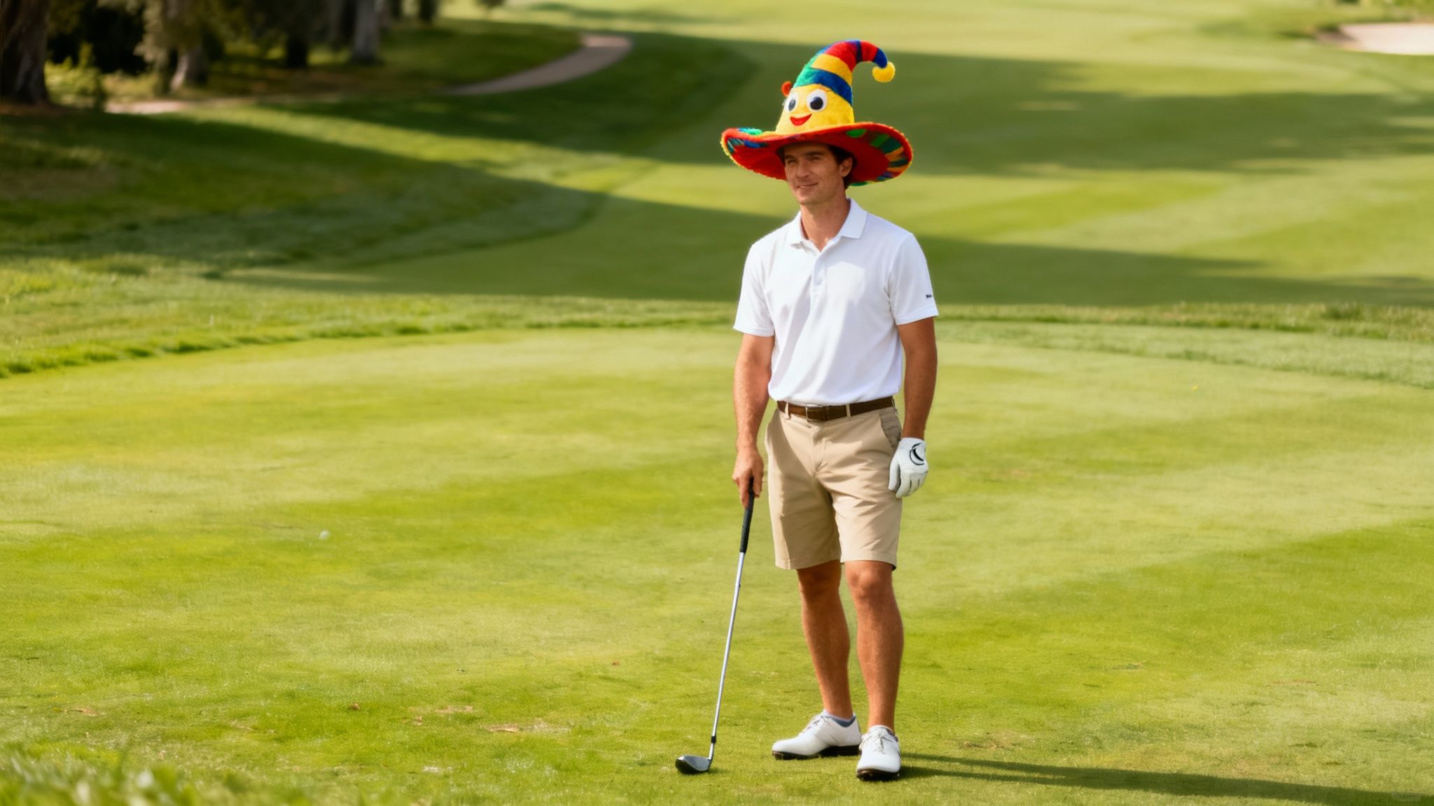 A man wearing a funny golf hat and stylish golf attire on the course