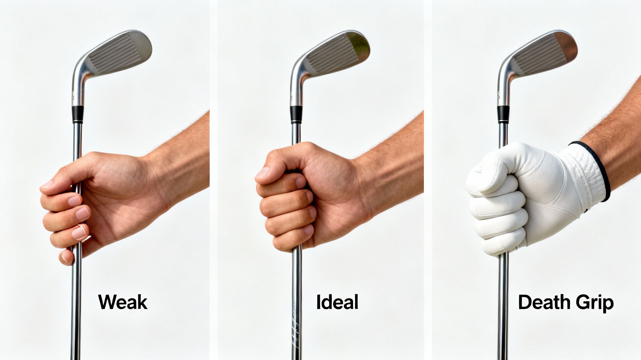 Three panels showing different golf club grips: weak, ideal, and a tight 'death grip' with a gloved hand.