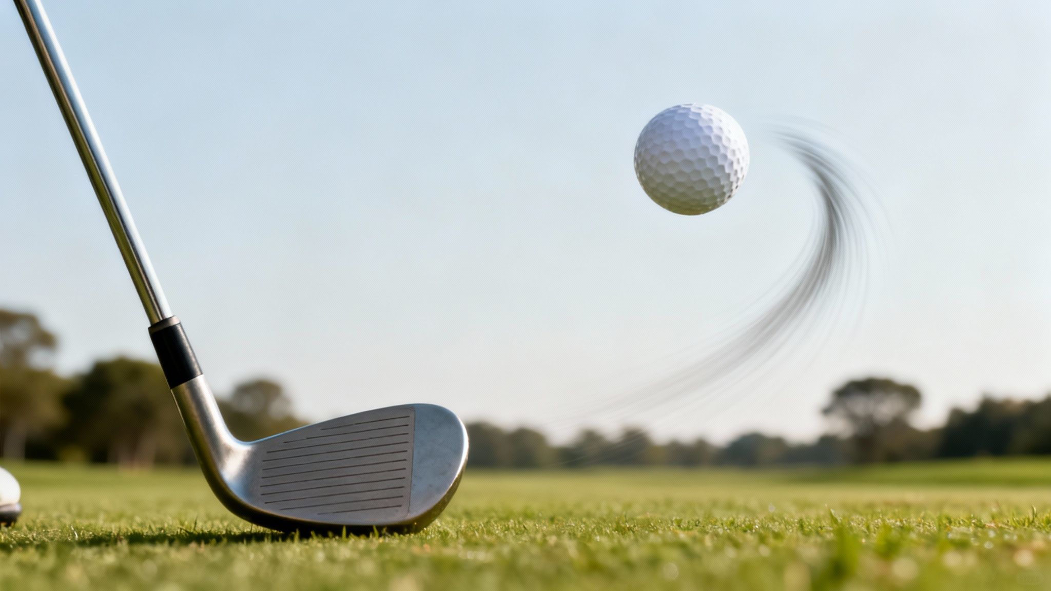 A golf club on a green course, with a golf ball in mid-air showing a curving motion blur.