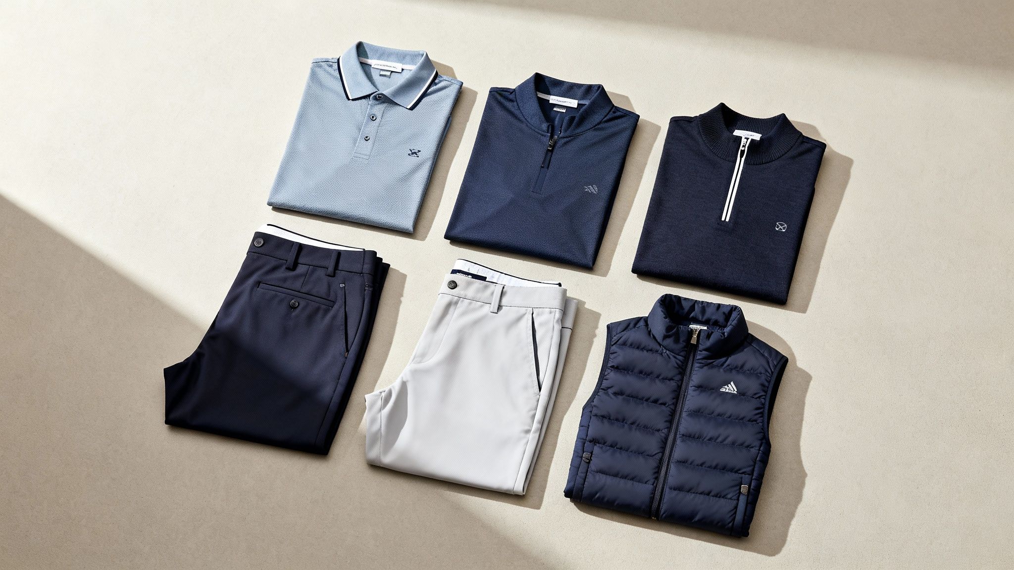 Men's golf apparel flat lay featuring blue and navy polo shirts, pullovers, grey pants, and a vest.
