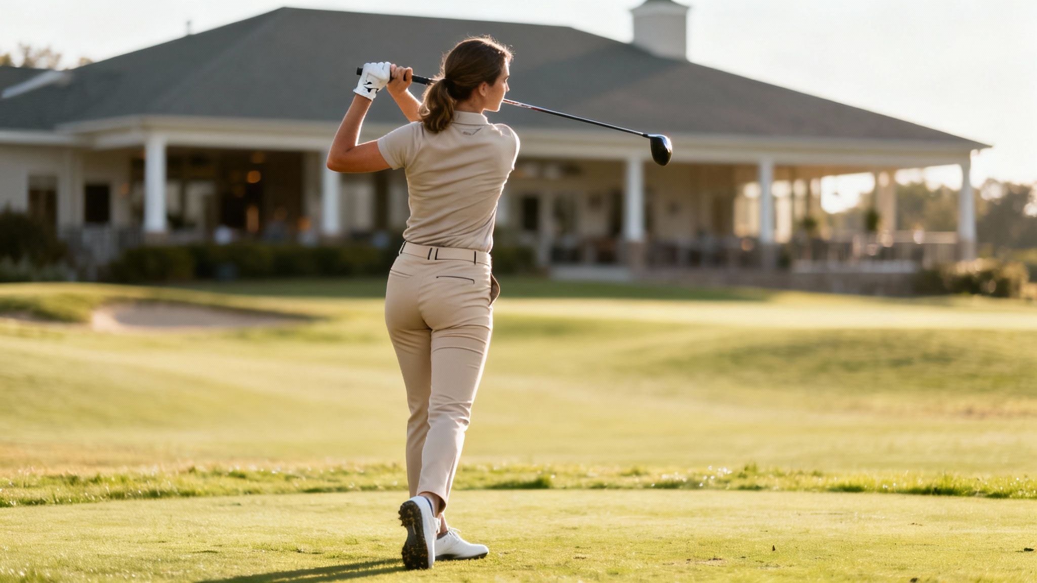 A woman in beige golf attire swings a golf club on a sunny course with a clubhouse.
