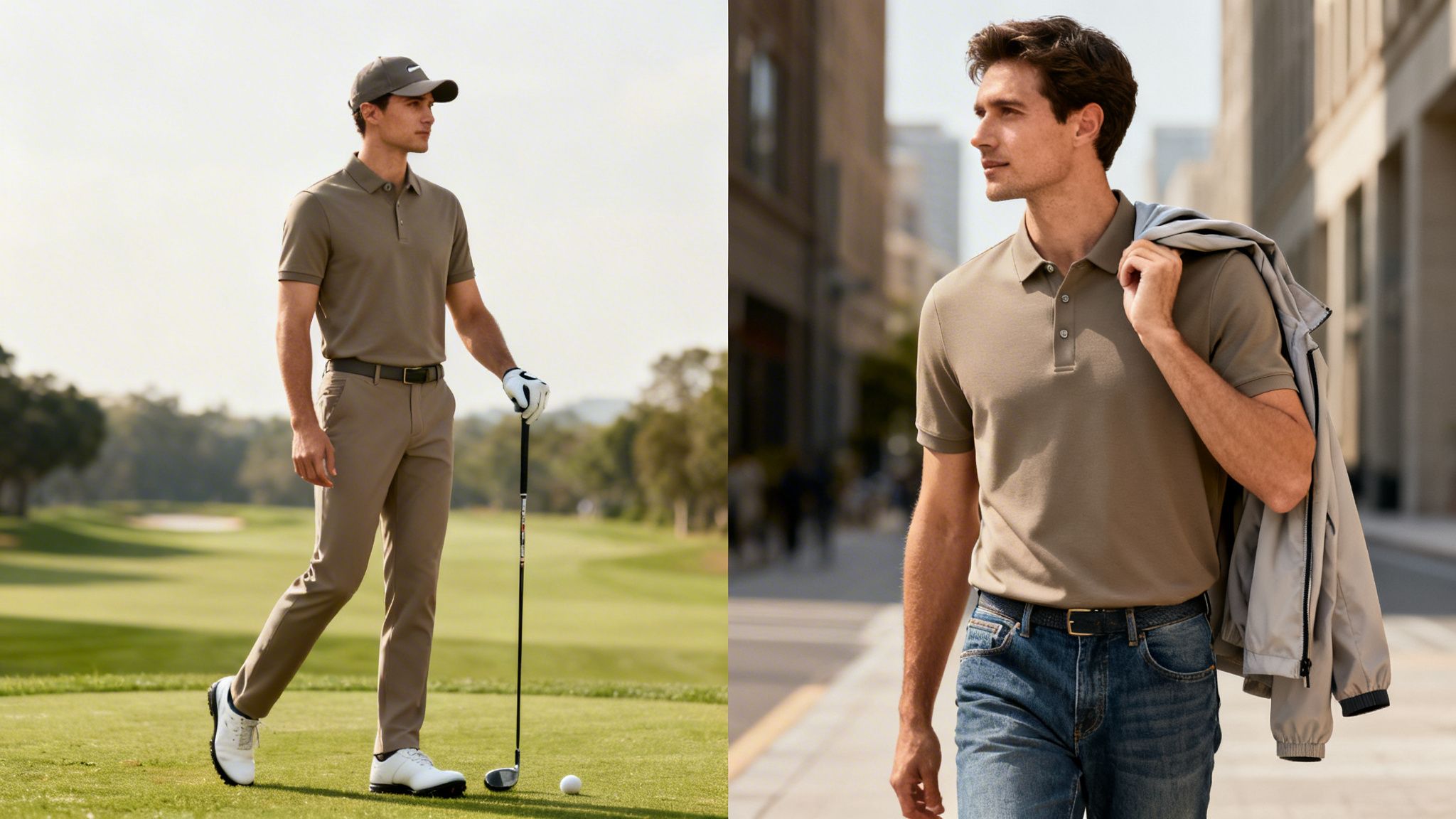 Stylish man wears a versatile olive polo shirt for golfing and casual city wear.