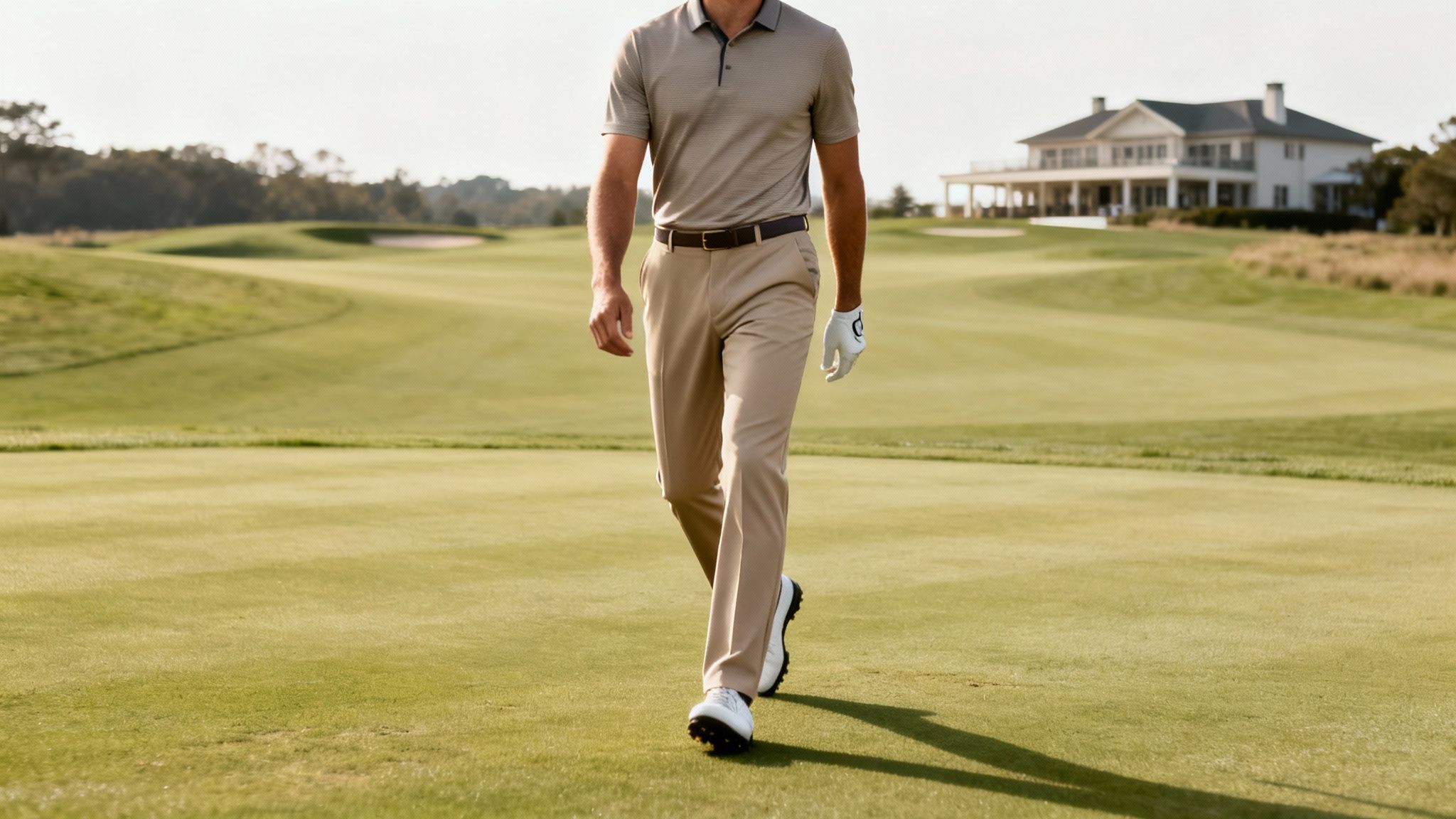 A man in a beige golf polo and pants walks on a green golf course.