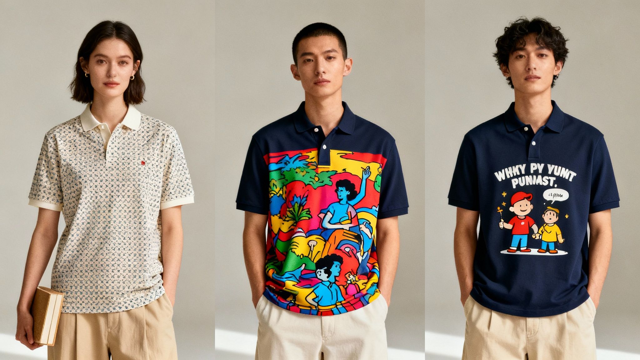 Three diverse models showcasing unique, fun, and colorful polo shirts with different patterns and graphics.
