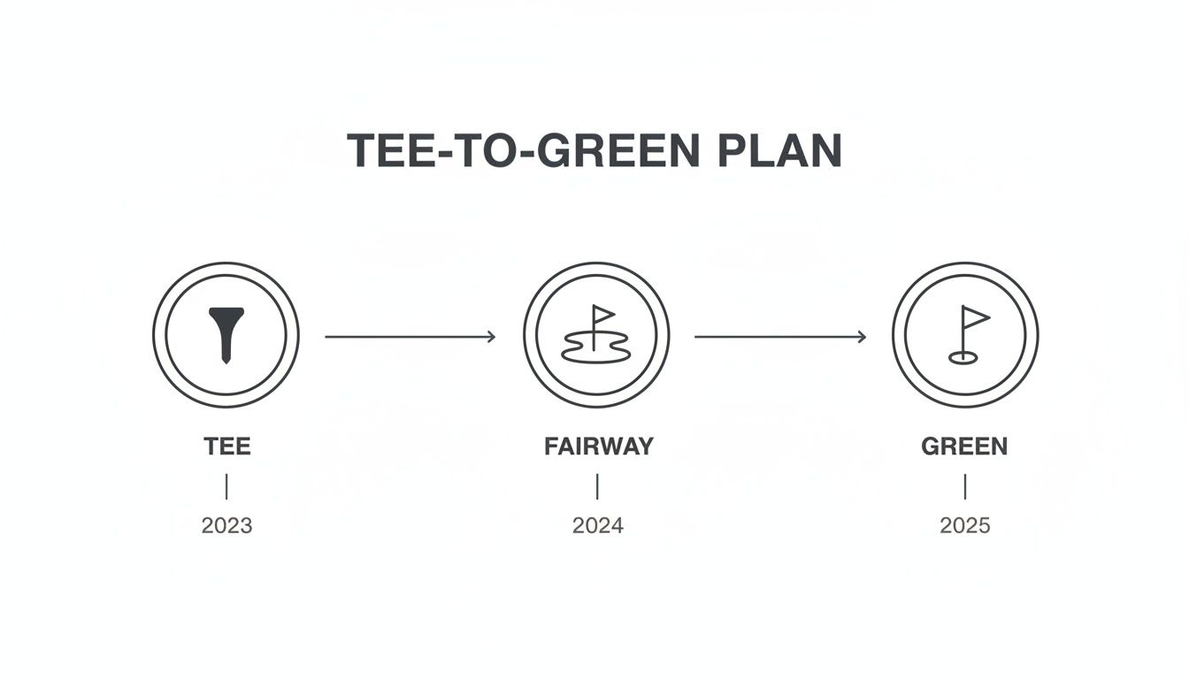 A simple timeline chart depicts a 'TEE-TO-GREEN PLAN' for golf, showing progression from 2023 to 2025.